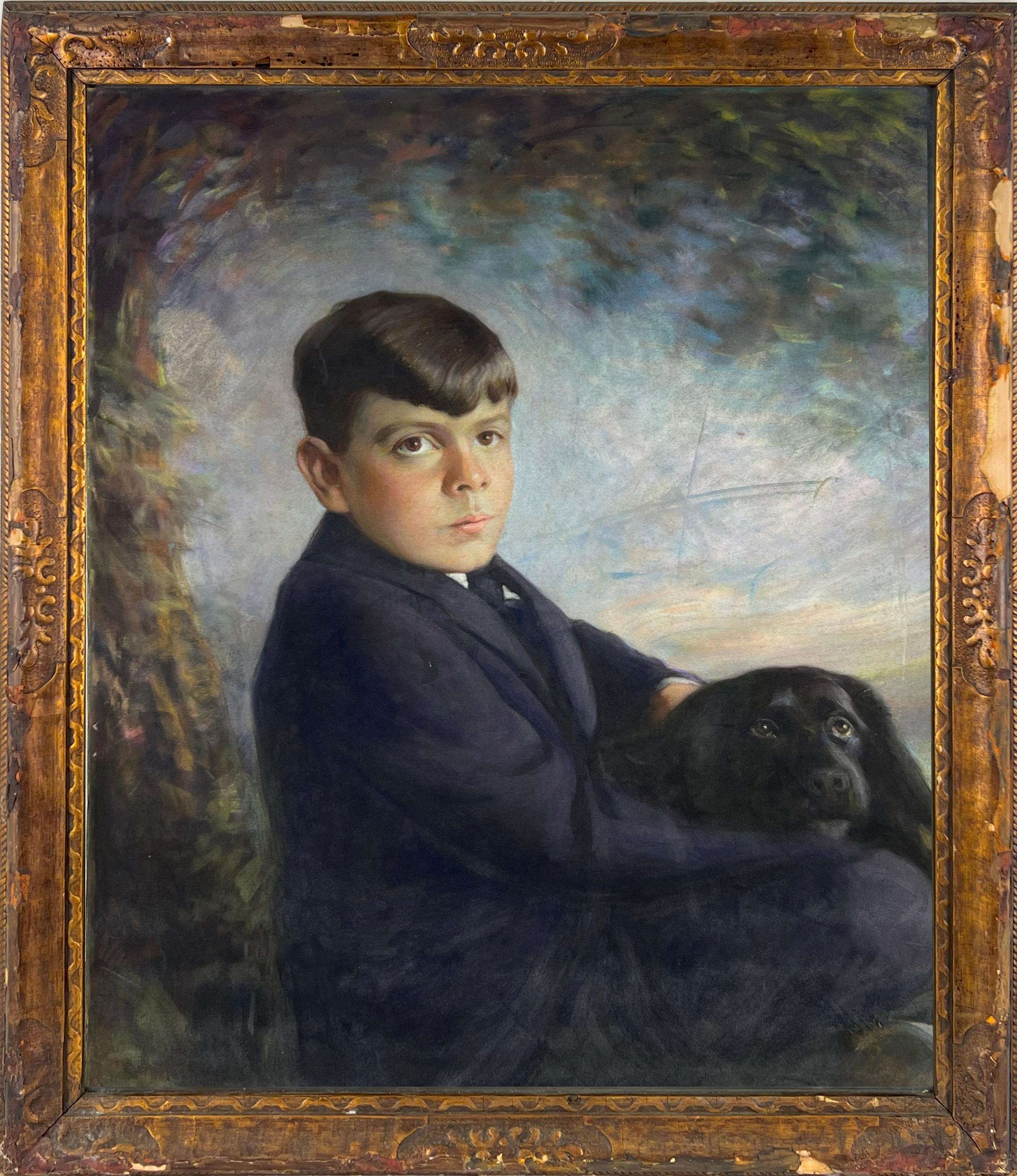 Paesaggio della Scuola del fiume Hudson con ritratto di ragazzo e cane Pastello originale in vendita 3