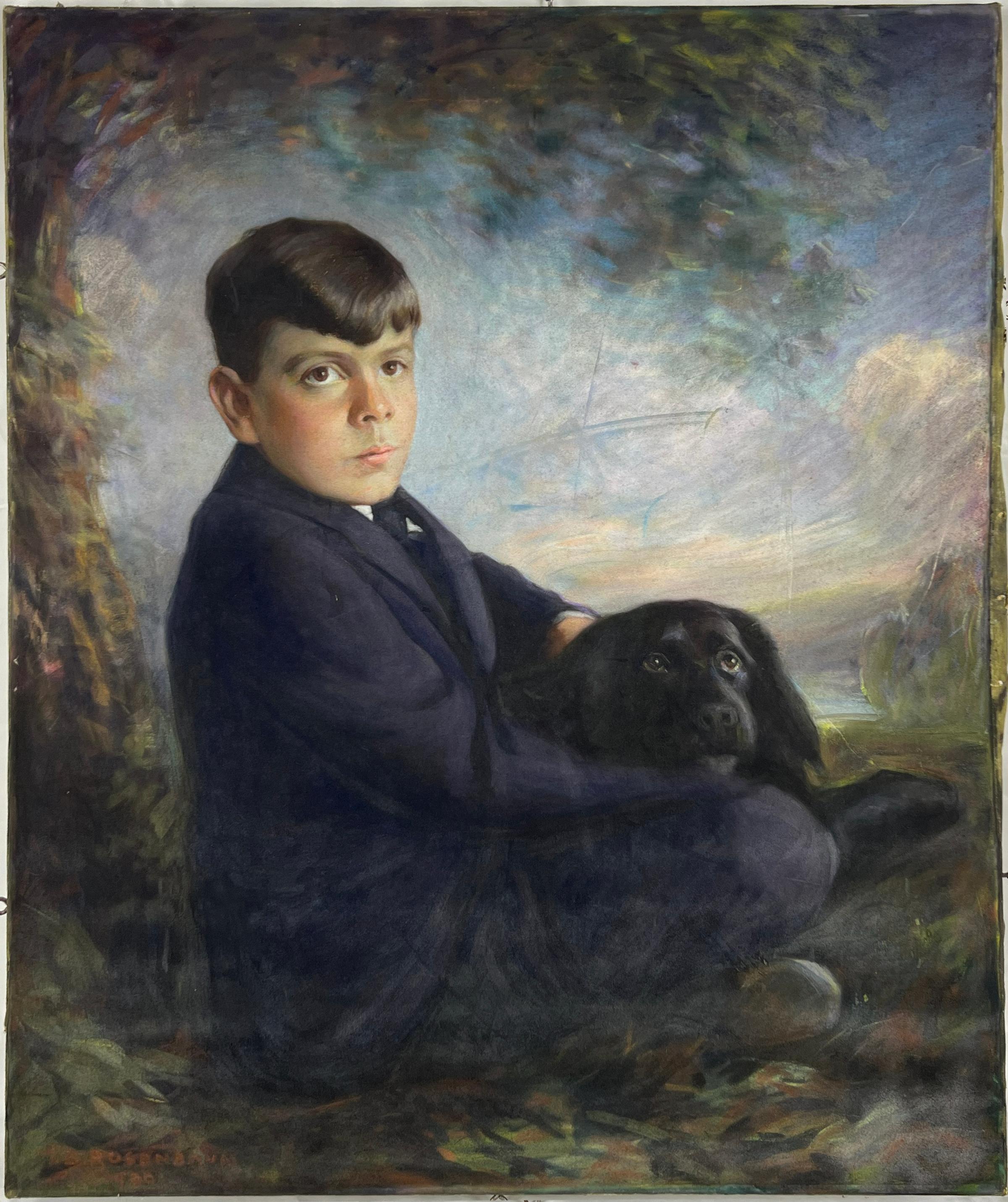 Figurative Painting di Maurice B. Rosenbaum - Paesaggio della Scuola del fiume Hudson con ritratto di ragazzo e cane Pastello originale