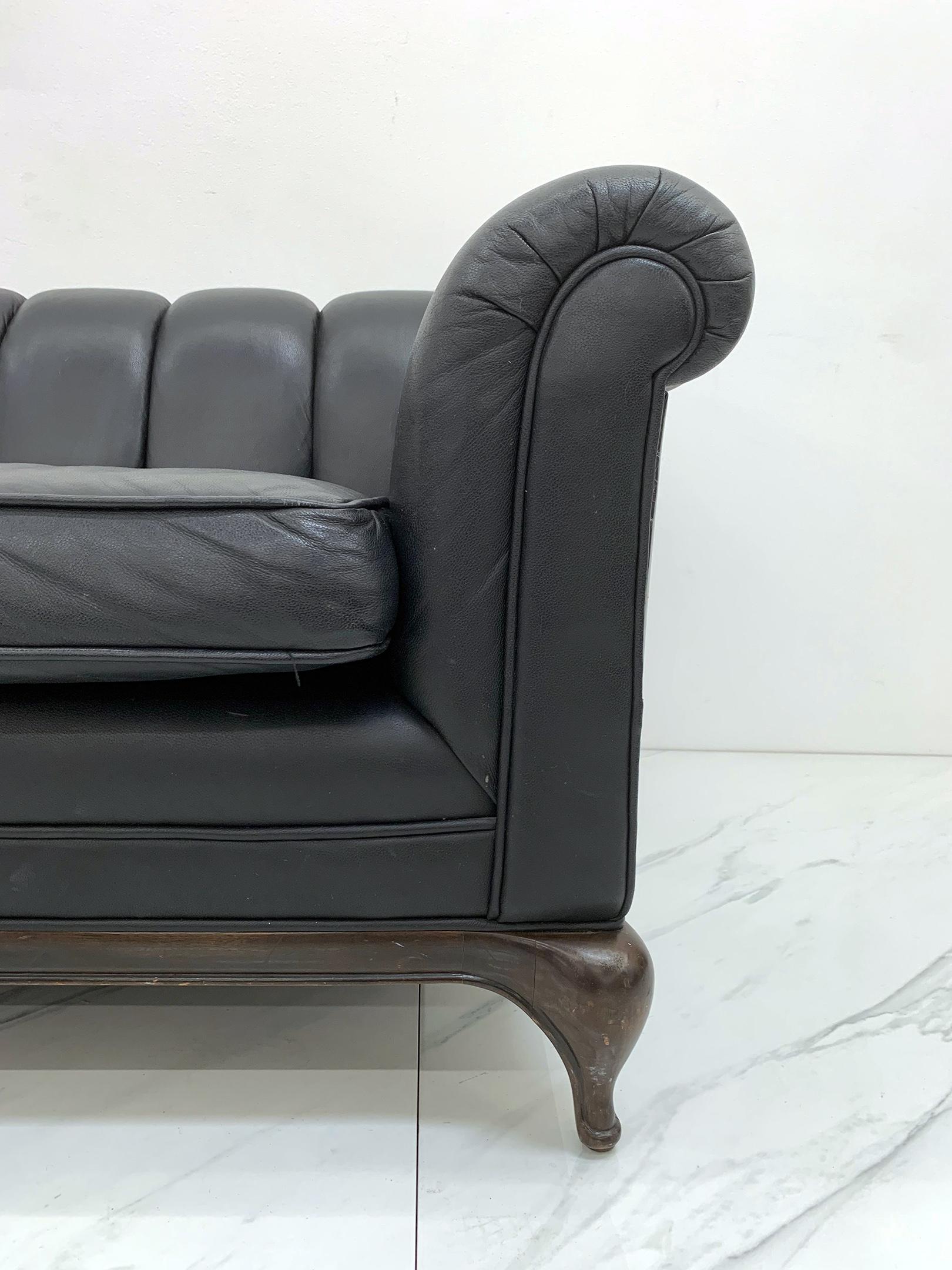 Mid-Century Modern Maurice Bailey for Monteverdi Young Black Leather Channel Back Sofa