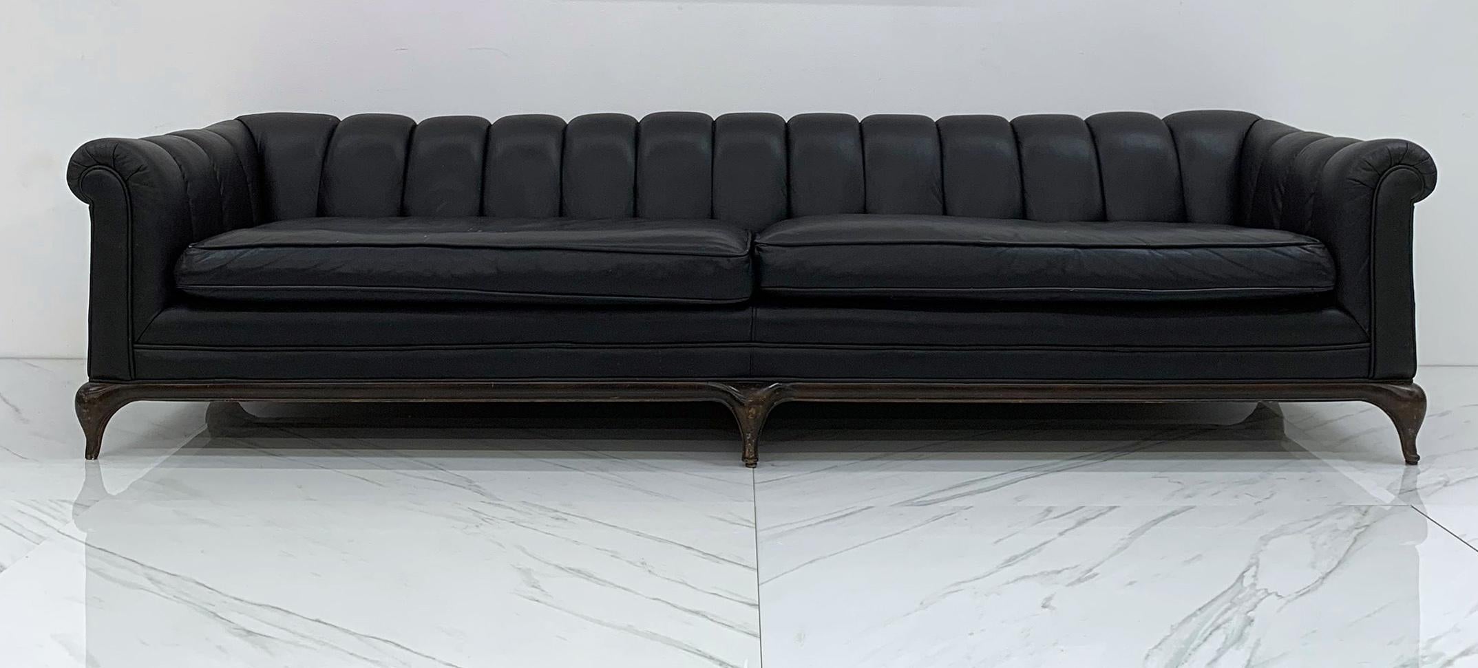 Maurice Bailey for Monteverdi Young Black Leather Channel Back Sofa In Good Condition In Culver City, CA