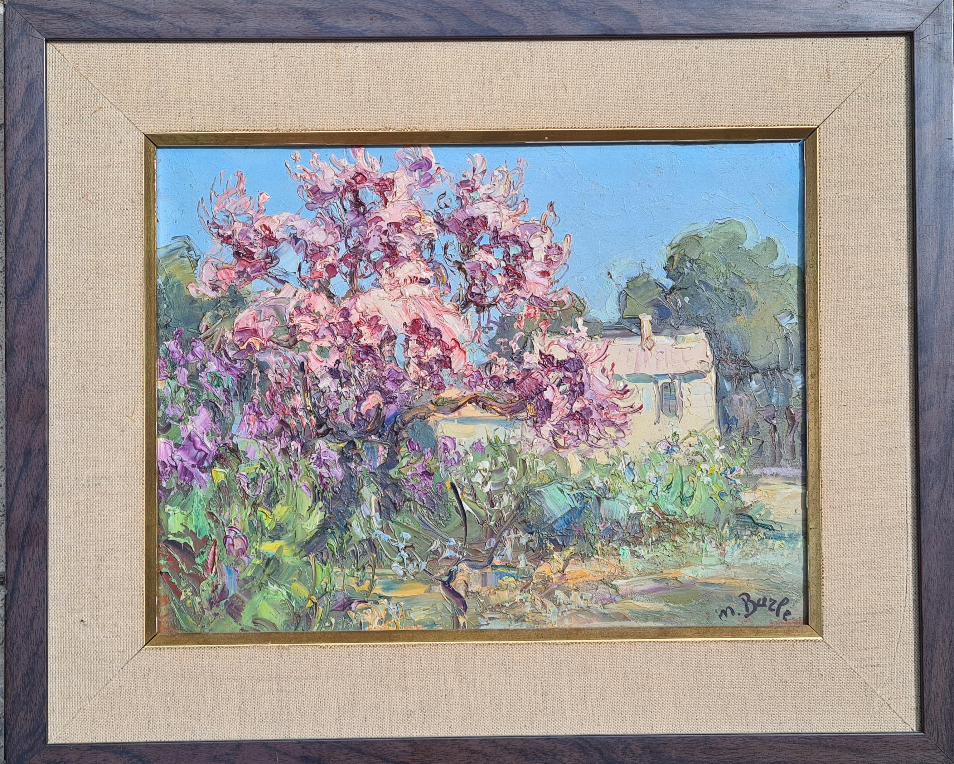 Arbre de Judée en Fleurs, French Rural Scene of Blossom, Spring Flowers & Irises - Painting by Maurice Barle