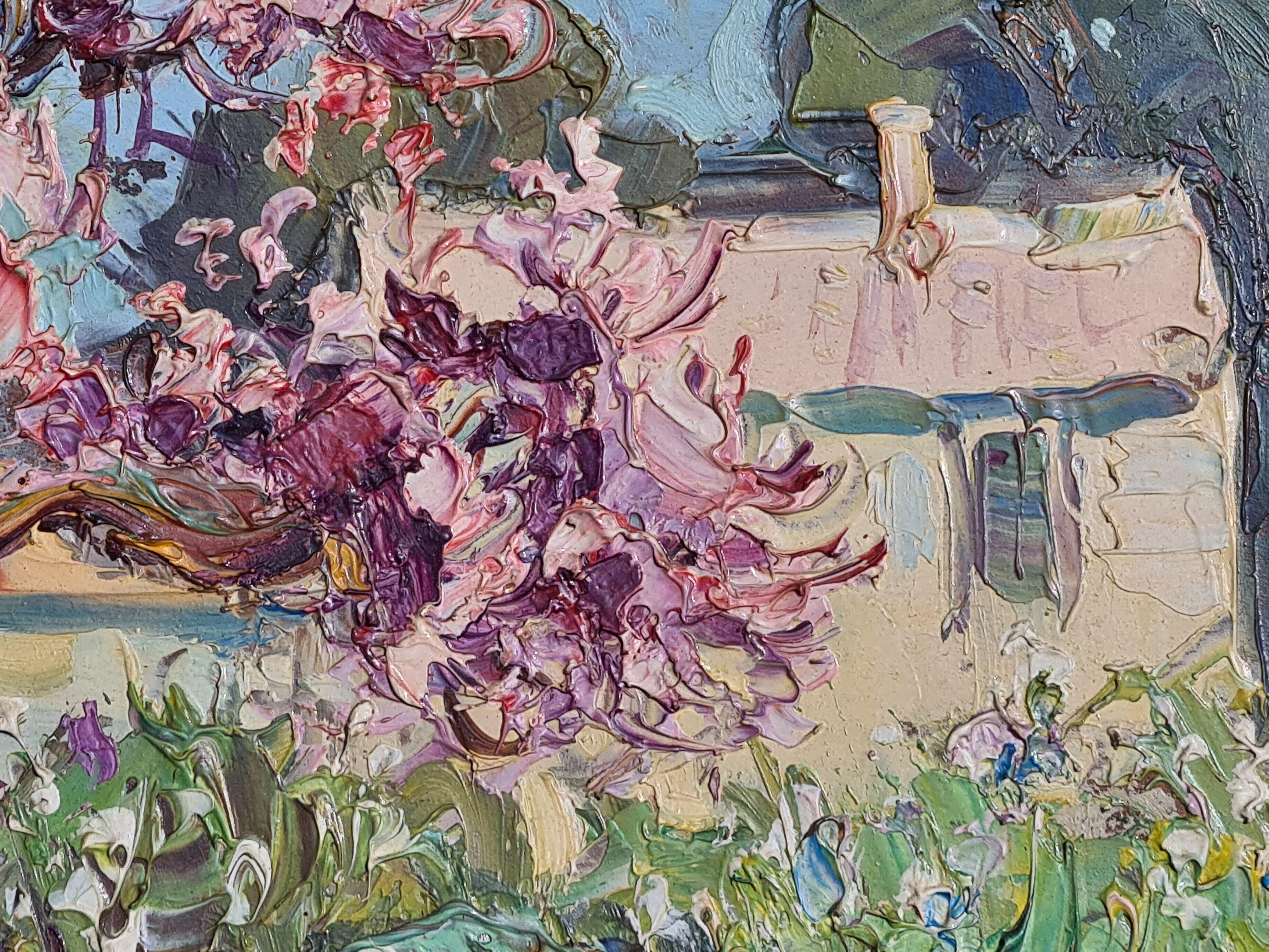 A French Mid Century Oil on board of a Cercis Siliquastrum or Mediterranean Redbud tree in full flower before a cottage by French artist Maurice Barle. The painting is signed bottom right and titled to the back of the board. Presented in a wood and