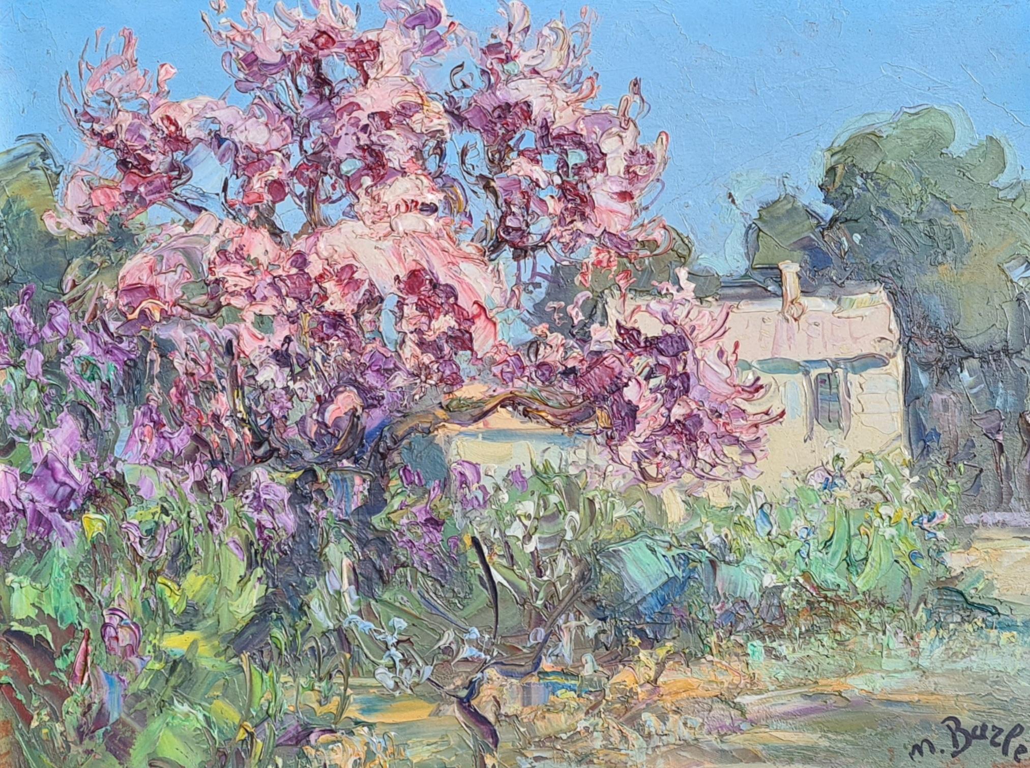 Maurice Barle Landscape Painting - Arbre de Judée en Fleurs, French Rural Scene of Blossom, Spring Flowers & Irises