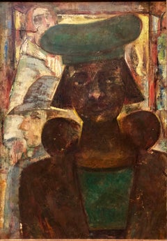Pittura a olio modernista della vetrina di un negozio di NYC degli anni '40 WPA