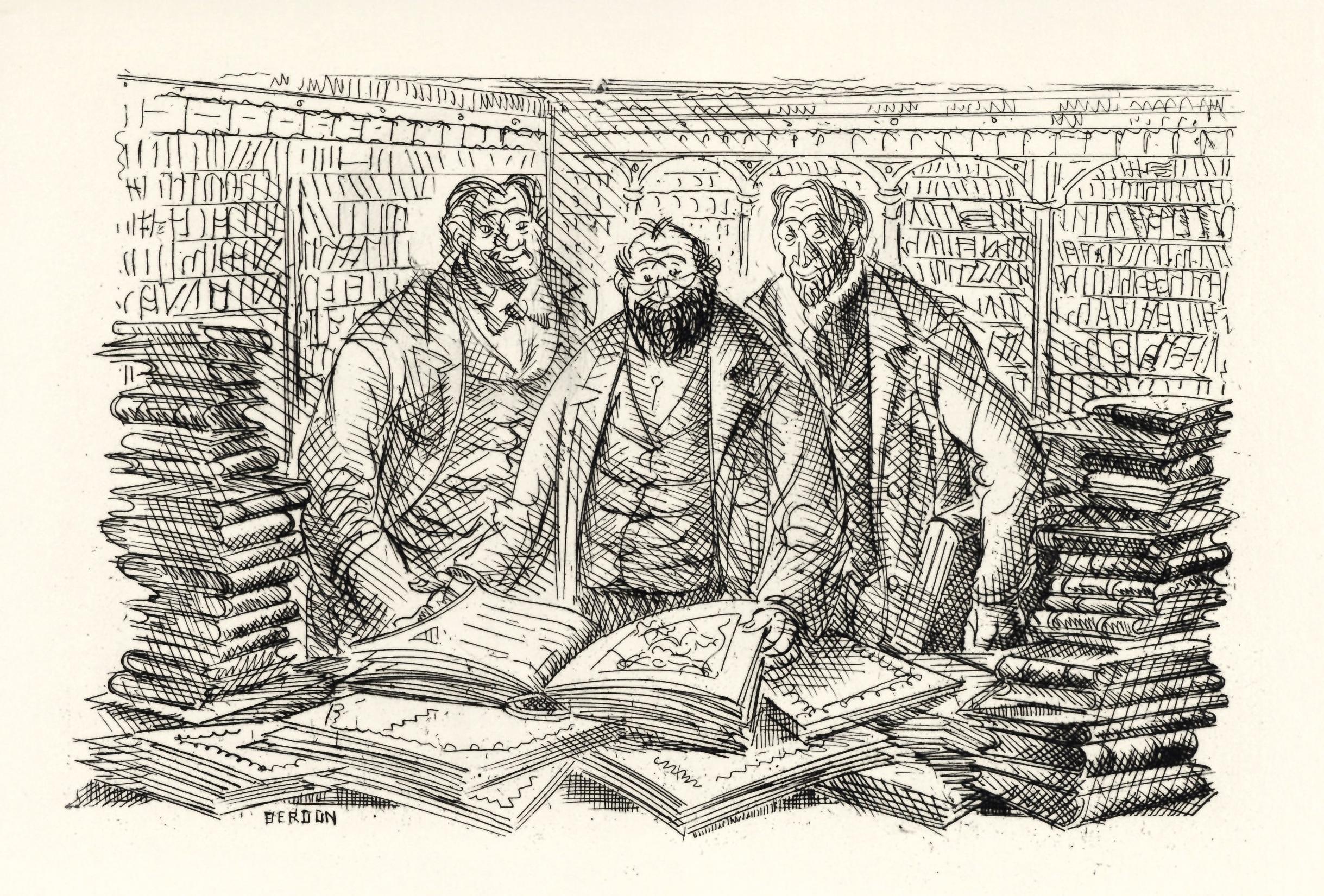 "La Bibliotheque Nationale" original etching - Print by Maurice Berdon