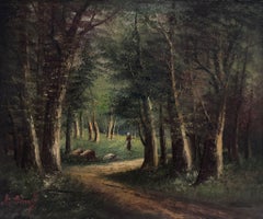 19th Century French Signed Oil Painting Figure Walking in Woodland Pathway