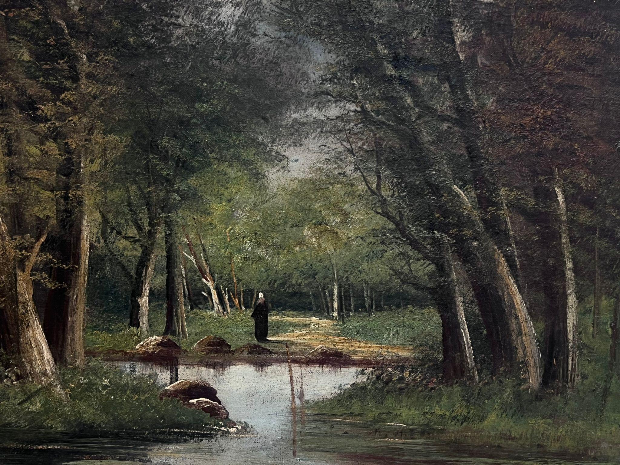 Antiquité, 19ème siècle, peinture à l'huile française signée, Dame se promenant dans les Woods  en vente 1
