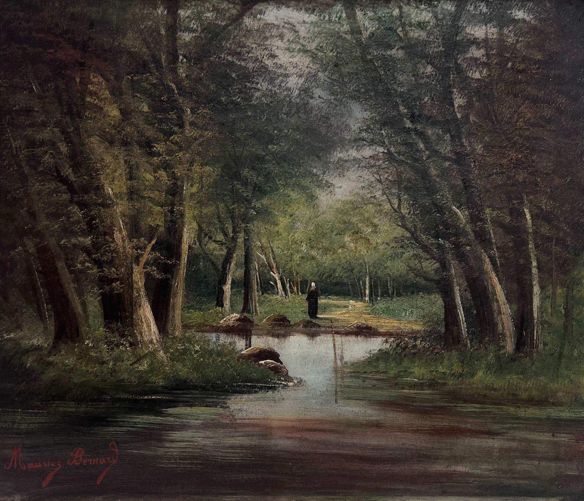 Maurice Bernard Figurative Painting - Antique 19th Century French Signed Oil Painting Lady Walking in the Woods 