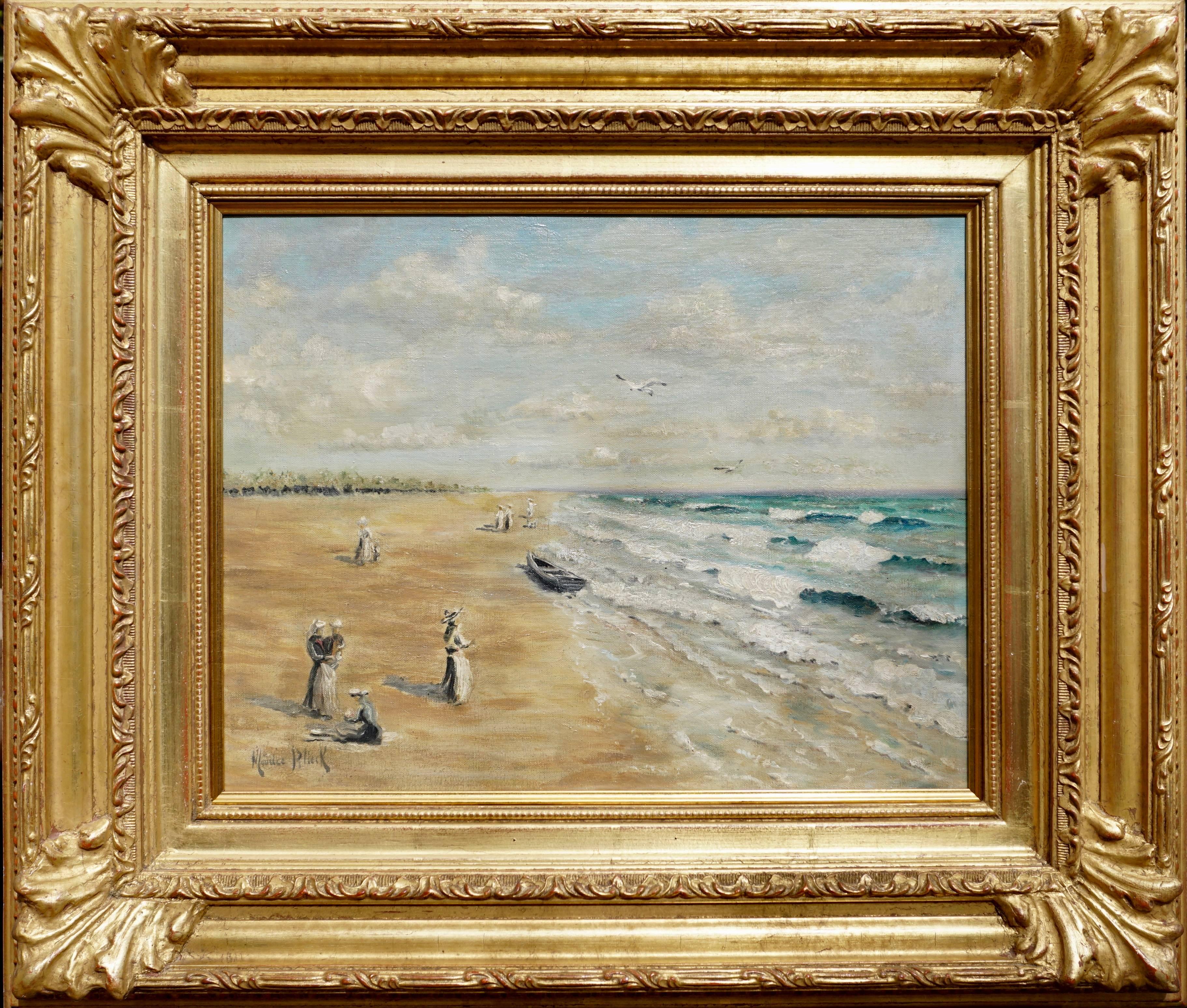 Maurice Blieck (Belgian, 1876-1922) Figures at the Seashore
Oil on canvas relined. Circa 1900 Impressionist art nouveau period.

A serene oil painting of a French or Belgium seaside beach. Soothing colors Create a scene that reminds one of the