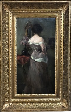 Elegant back in evening dress, original oil on canvas, 20thC, realist style