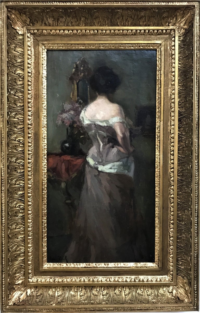 Elegant back in evening dress, original oil on canvas, 20thC, realist style - Painting by Maurice Blieck