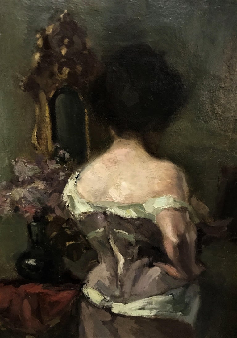 Elegant back in evening dress, original oil on canvas, 20thC, realist style - Realist Painting by Maurice Blieck