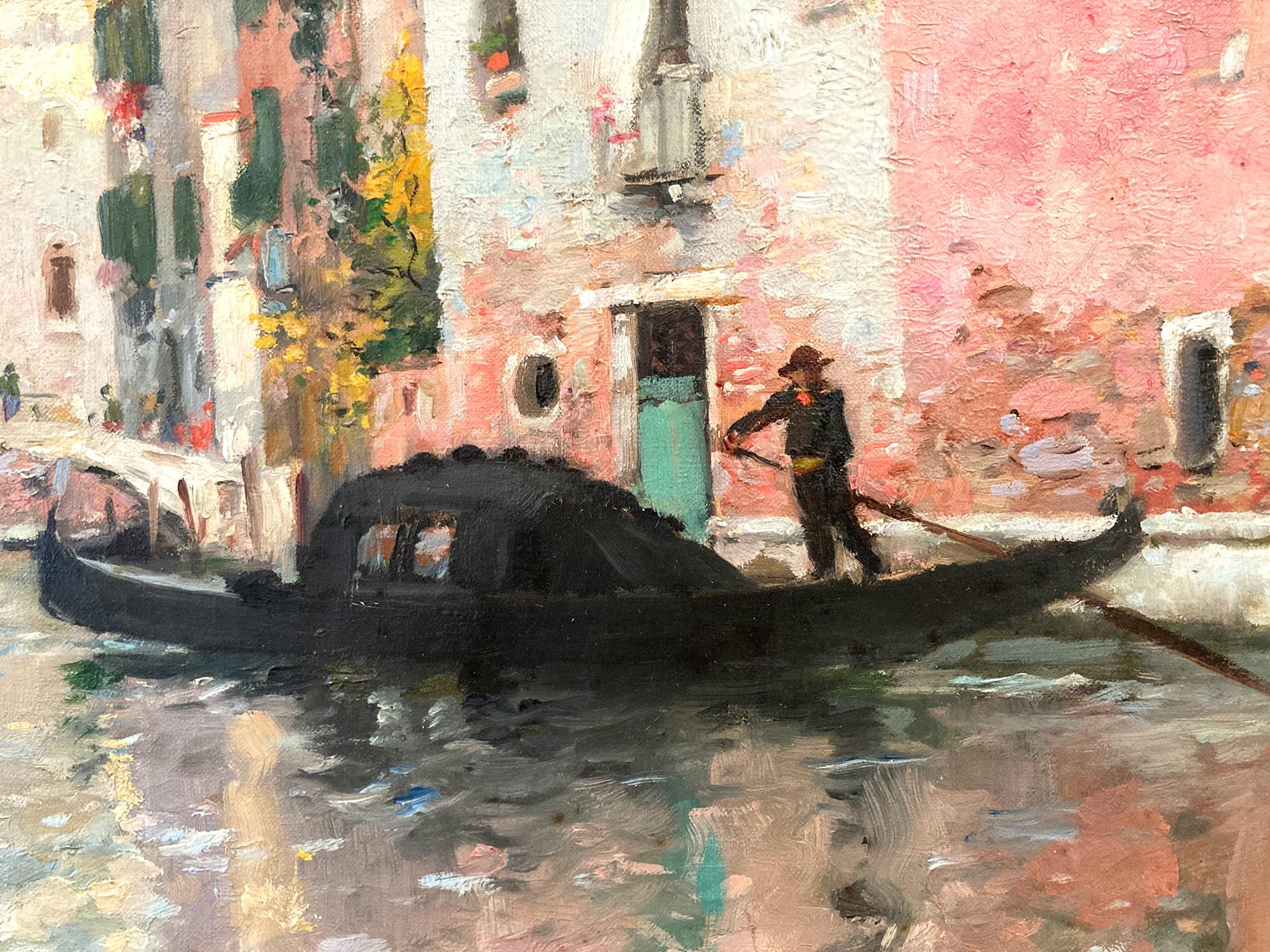 A masterful oil painting depicting a view of a Venice Canal by French artist Maurice Bompard. As a Impressionist and orientalist painter, he was known for his detailed works depicting scenes from daily life; notably The Butchers of Chetma, which was