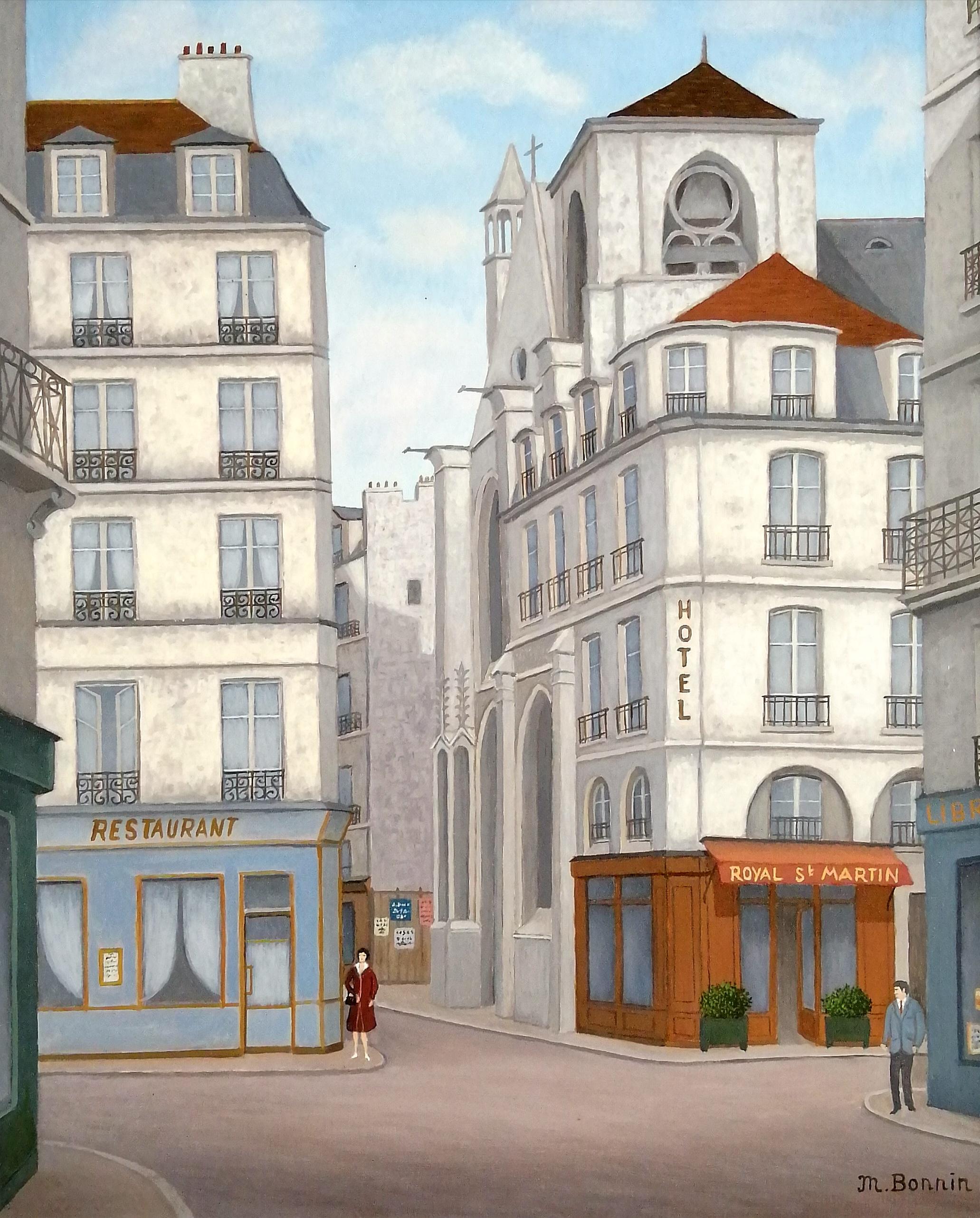 Paris, Quartier Le Marais - Mid 20th Century French Naïf Naive Street Painting - Brown Landscape Painting by Maurice Bonnin