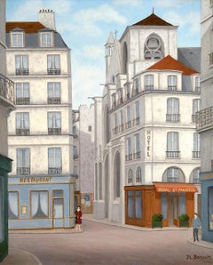 Paris, Quartier Le Marais - Mid 20th Century French Naïf Naive Street Painting