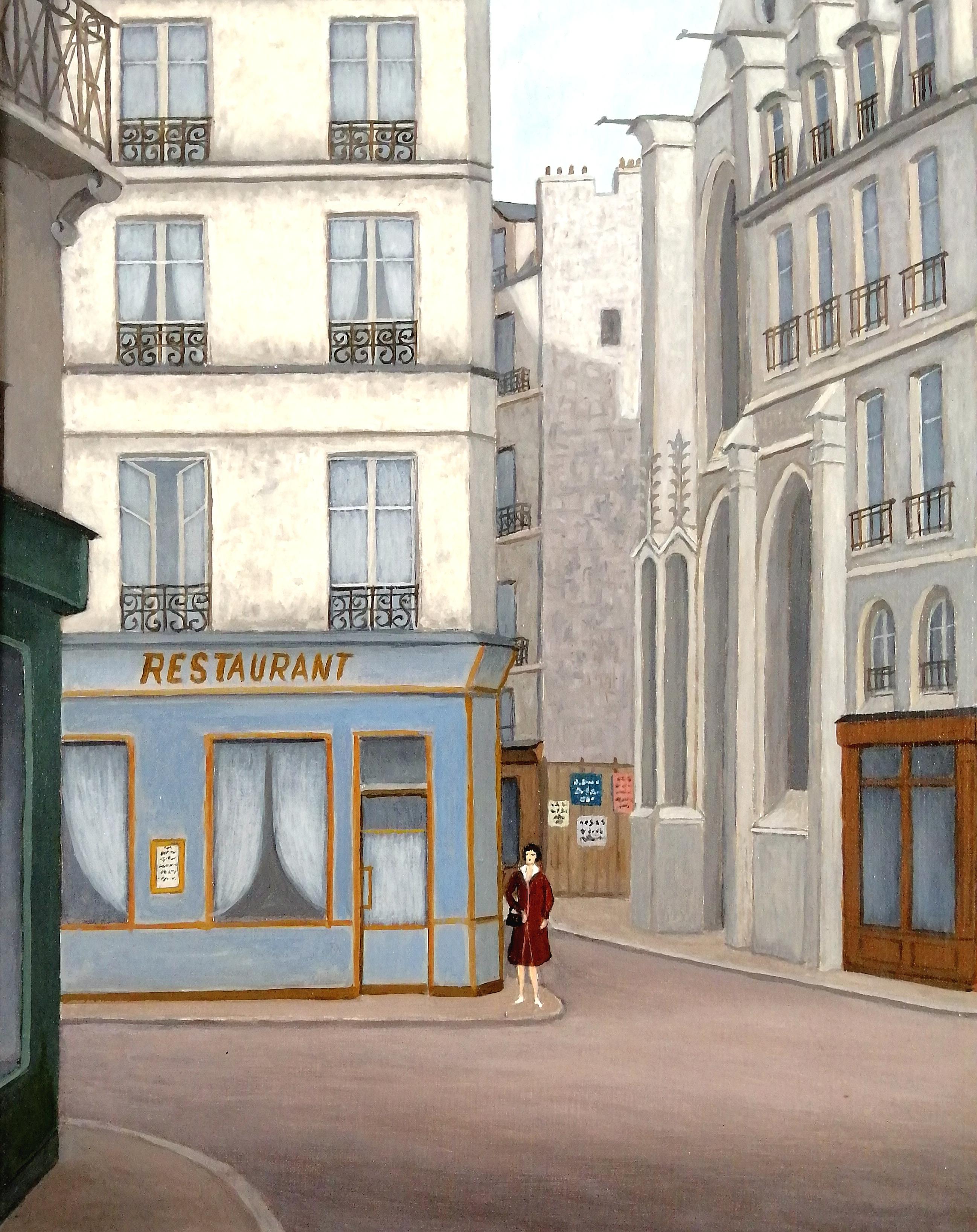 Paris, Quartier Le Marais - Mid 20th Century French Naïf Naive Street Painting For Sale 1