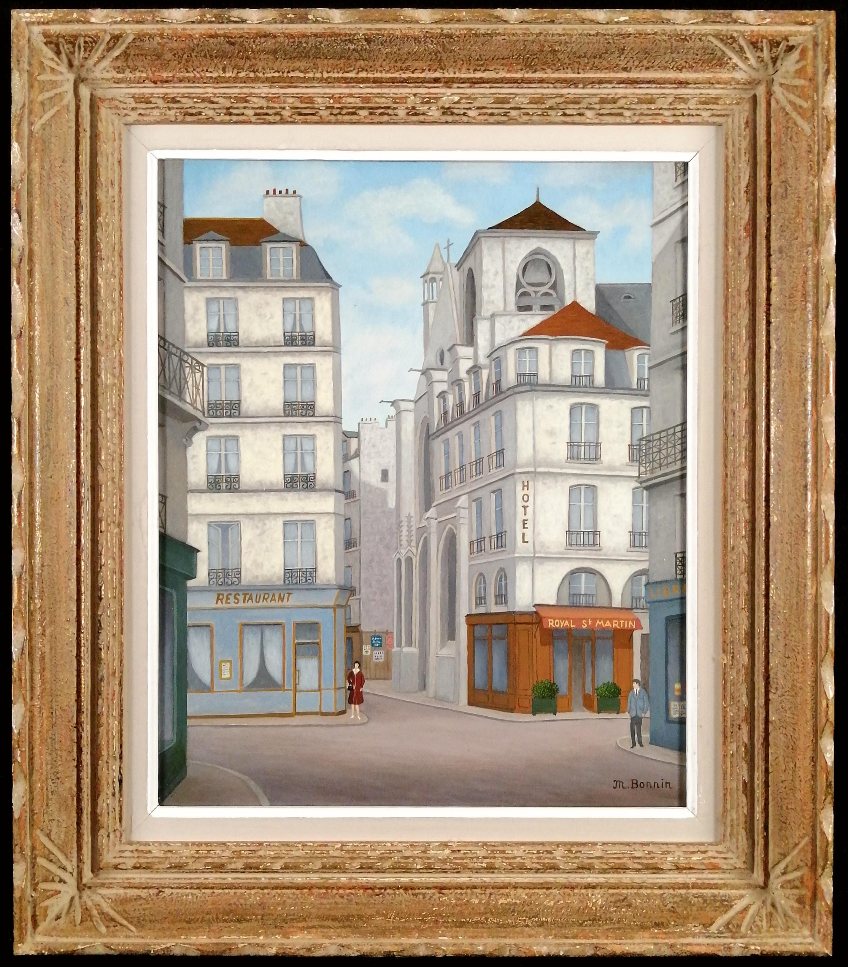 Maurice Bonnin Landscape Painting - Paris, Quartier Le Marais - Mid 20th Century French Naïf Naive Street Painting