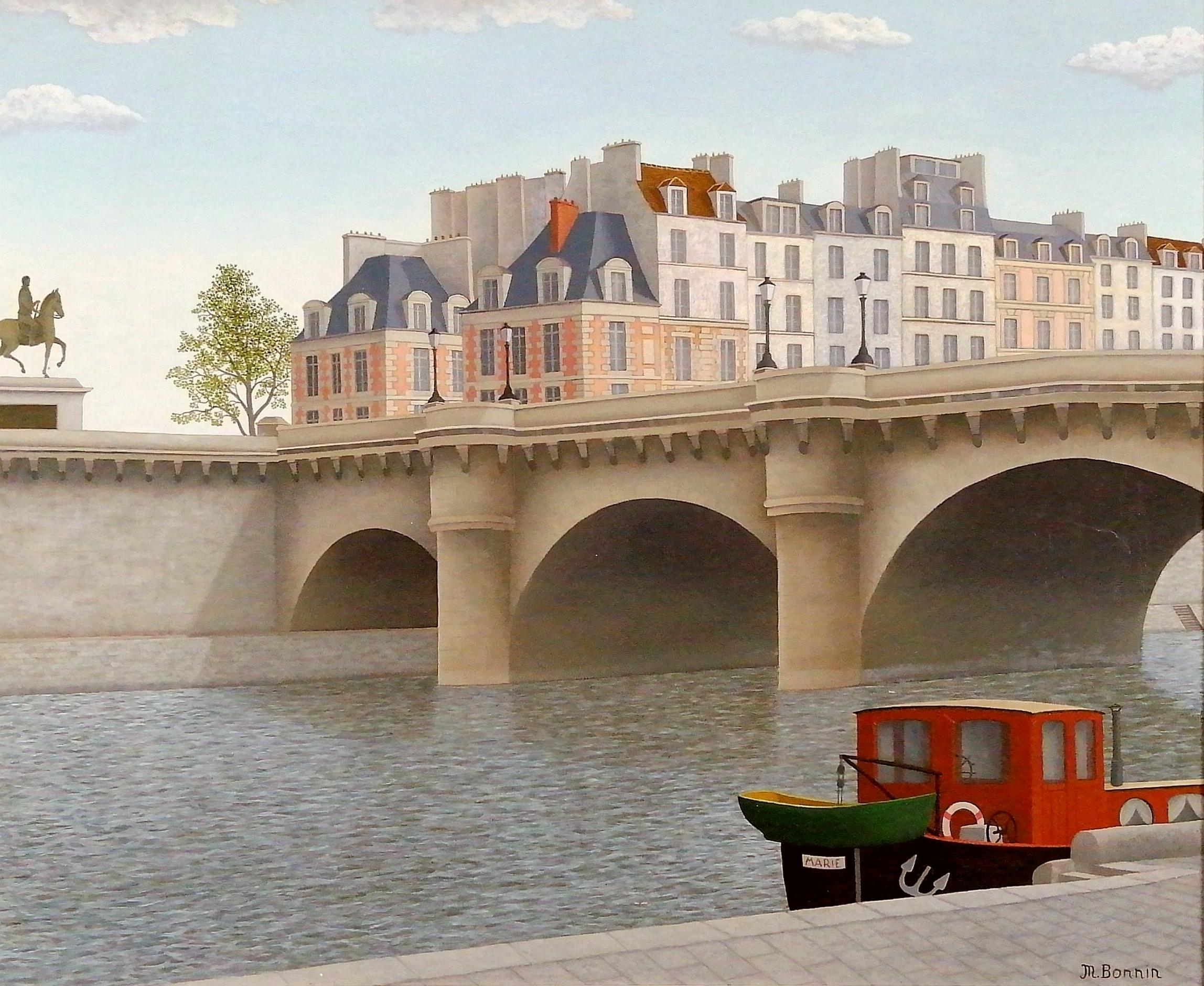 Le Pont Neuf - Großes französisches Naïf aus der Mitte des 20.  Pariser Seine-Gemälde – Painting von Maurice Bonnin