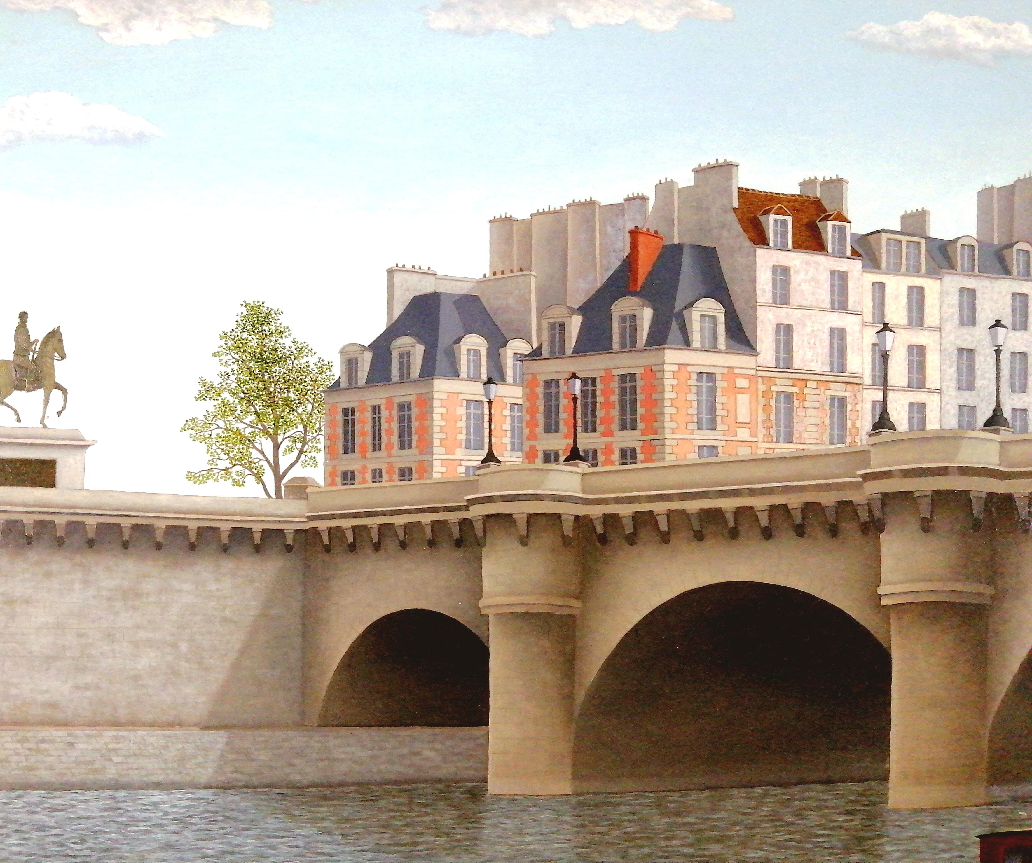 Le Pont Neuf - Großes französisches Naïf aus der Mitte des 20.  Pariser Seine-Gemälde (Braun), Landscape Painting, von Maurice Bonnin
