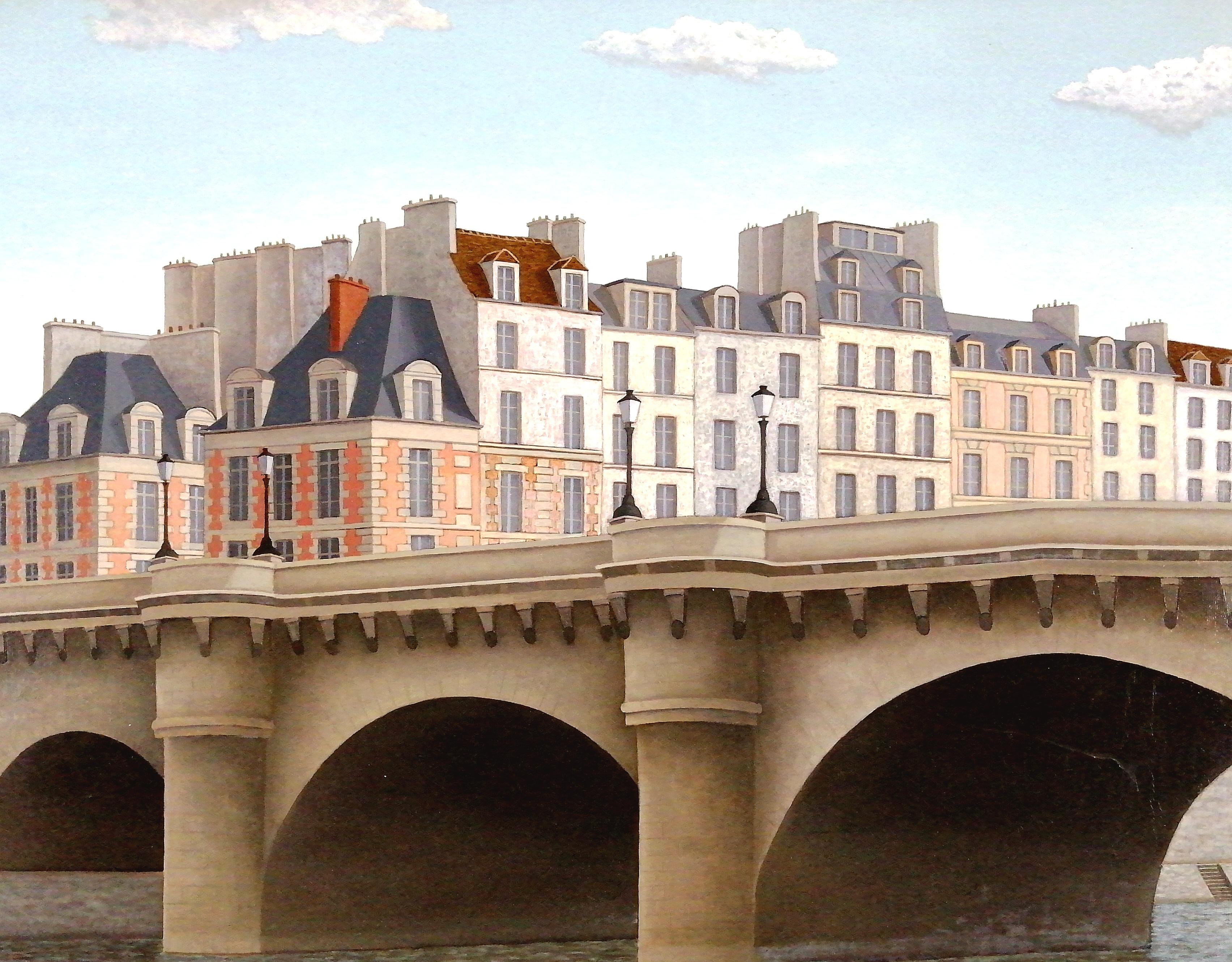 Le Pont Neuf - Großes französisches Naïf aus der Mitte des 20.  Pariser Seine-Gemälde im Angebot 1