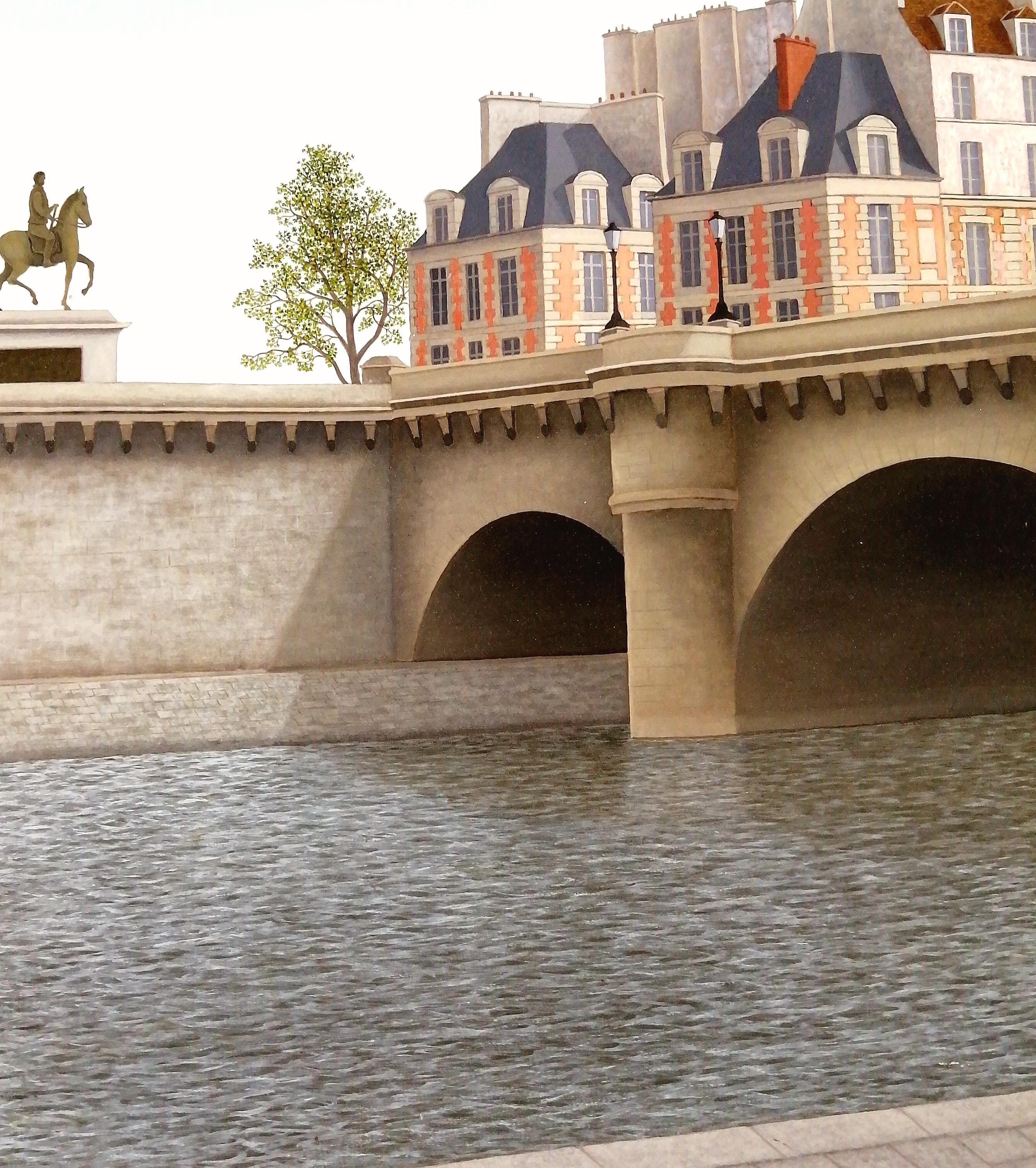 Le Pont Neuf - Großes französisches Naïf aus der Mitte des 20.  Pariser Seine-Gemälde im Angebot 2