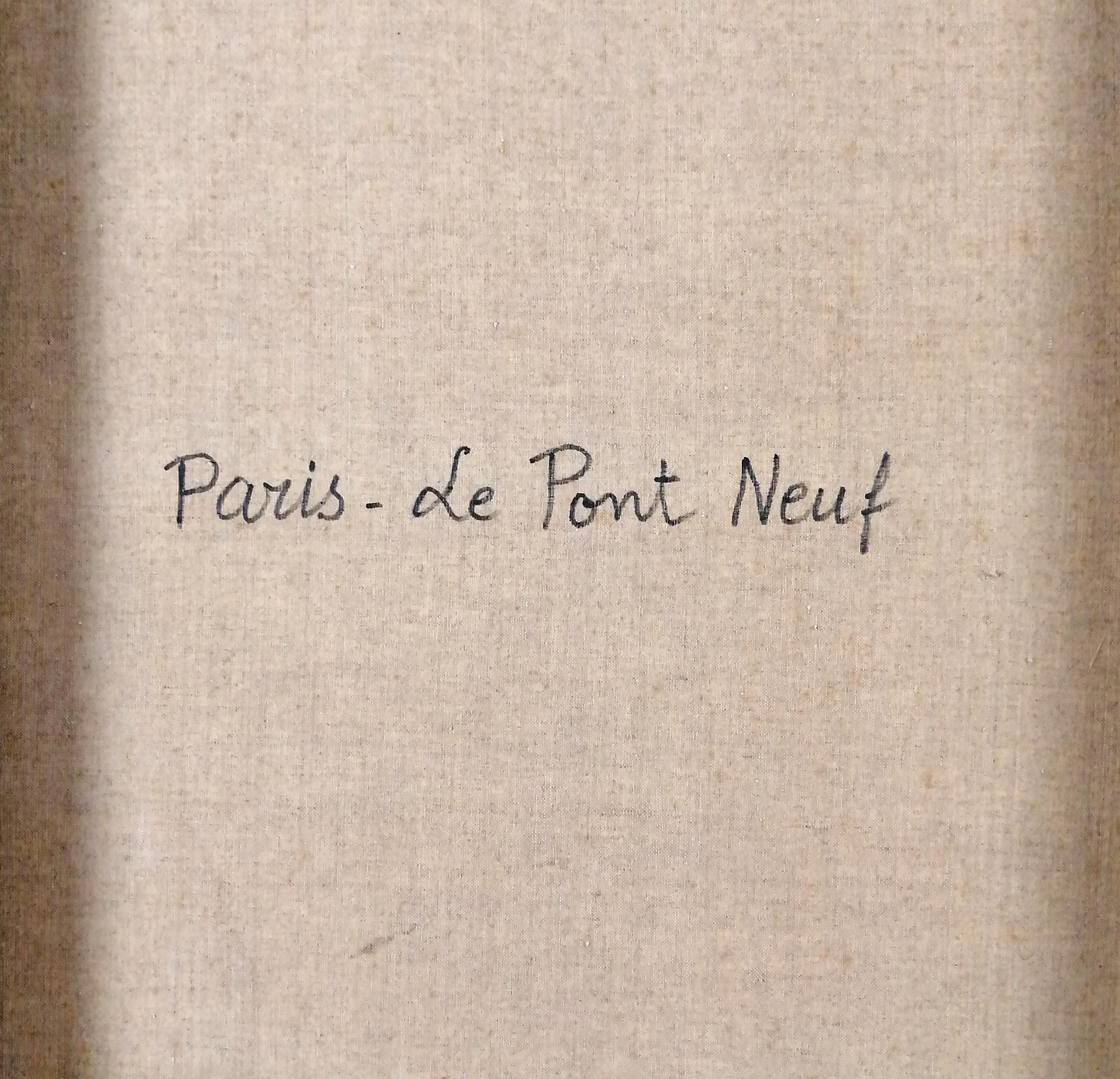 Le Pont Neuf - Großes französisches Naïf aus der Mitte des 20.  Pariser Seine-Gemälde im Angebot 5
