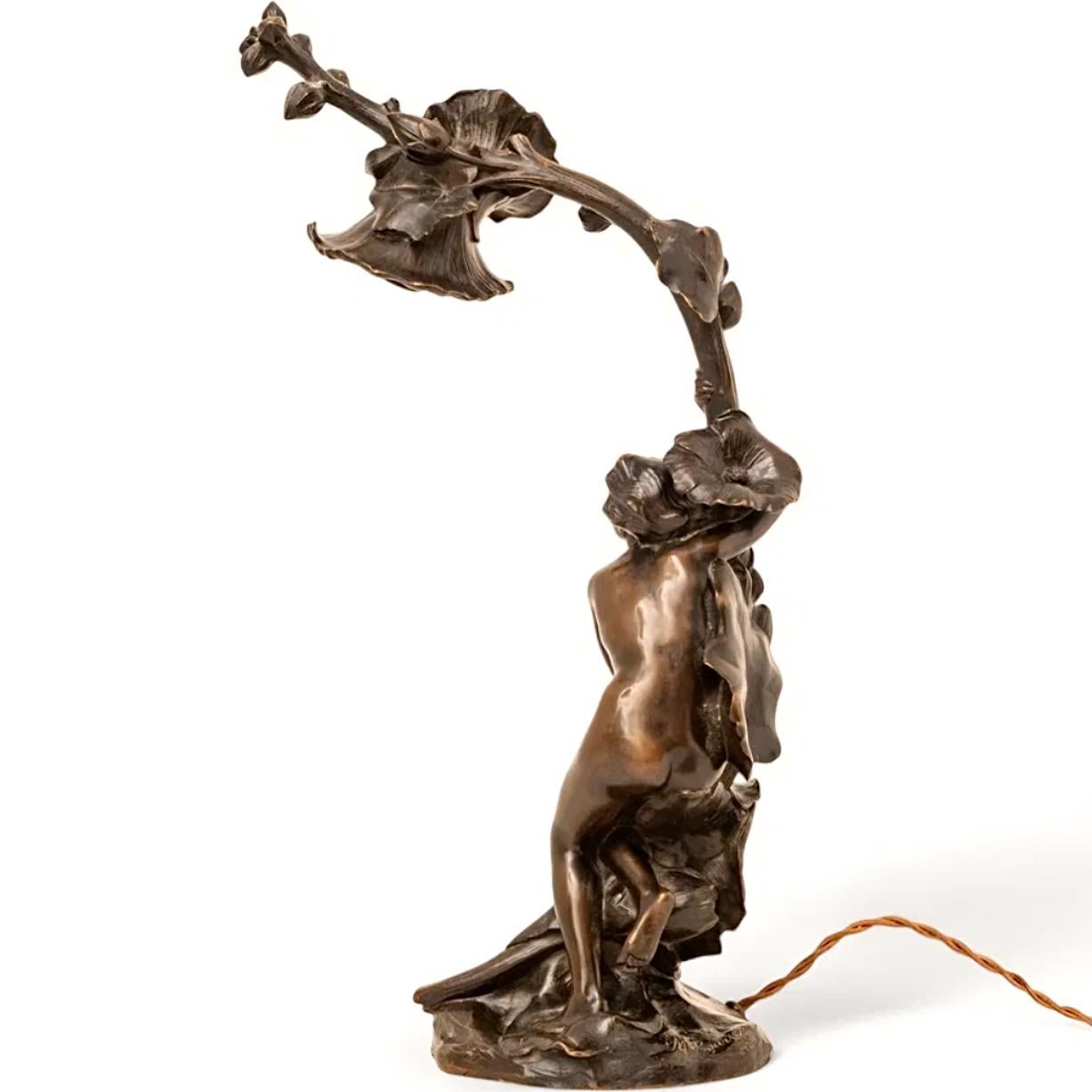 French Maurice Bouval Bronze Art Nouveau Table Lamp For Sale