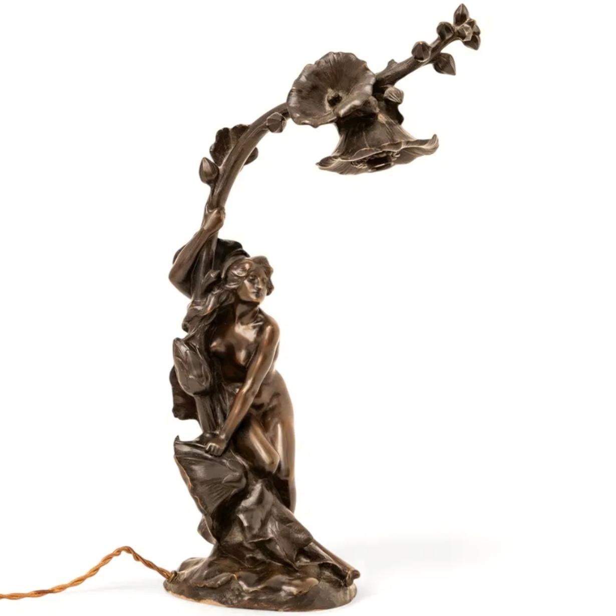Cast Maurice Bouval Bronze Art Nouveau Table Lamp For Sale