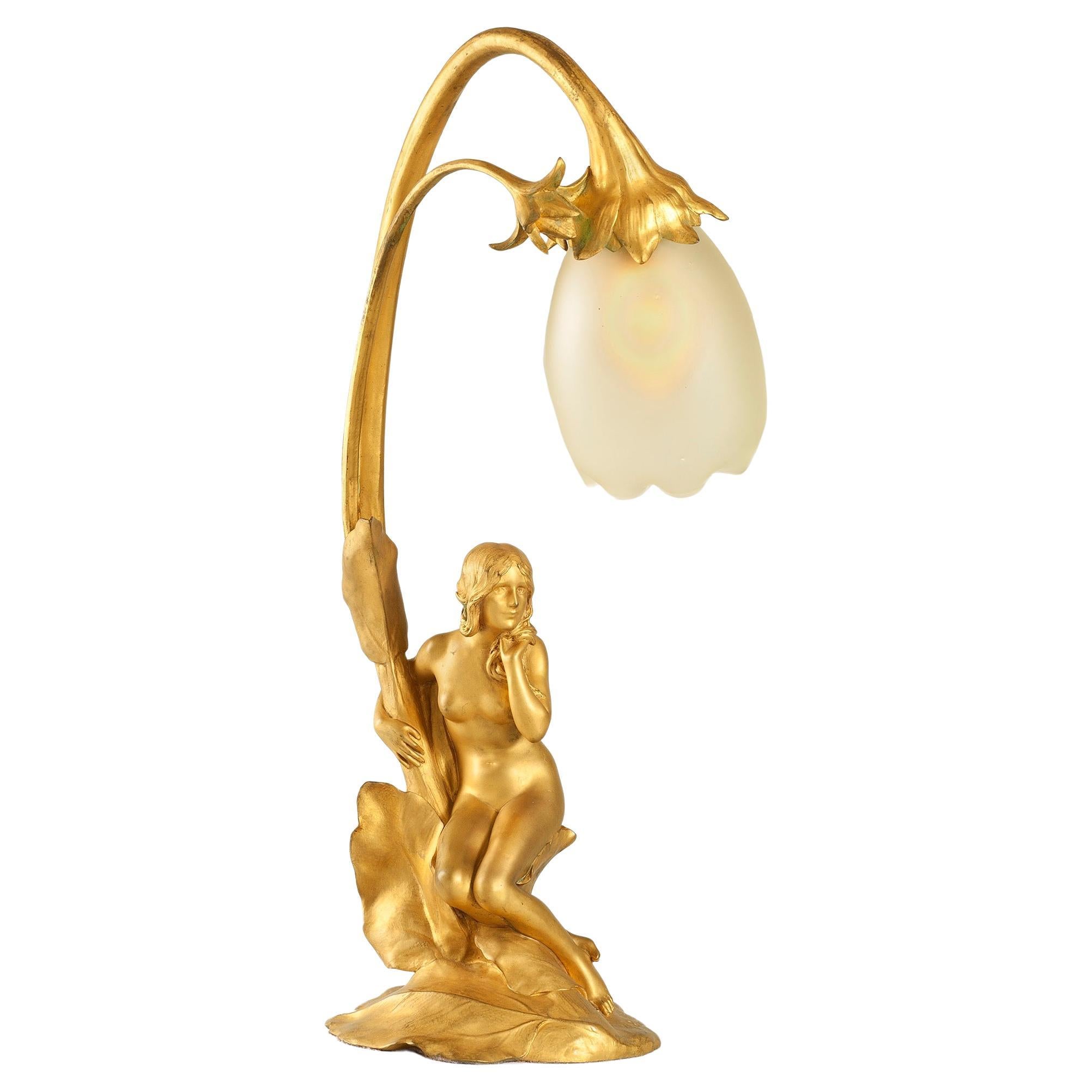 Maurice Bouval "Femme aux Nénuphars" Lighted Figural Sculpture For Sale