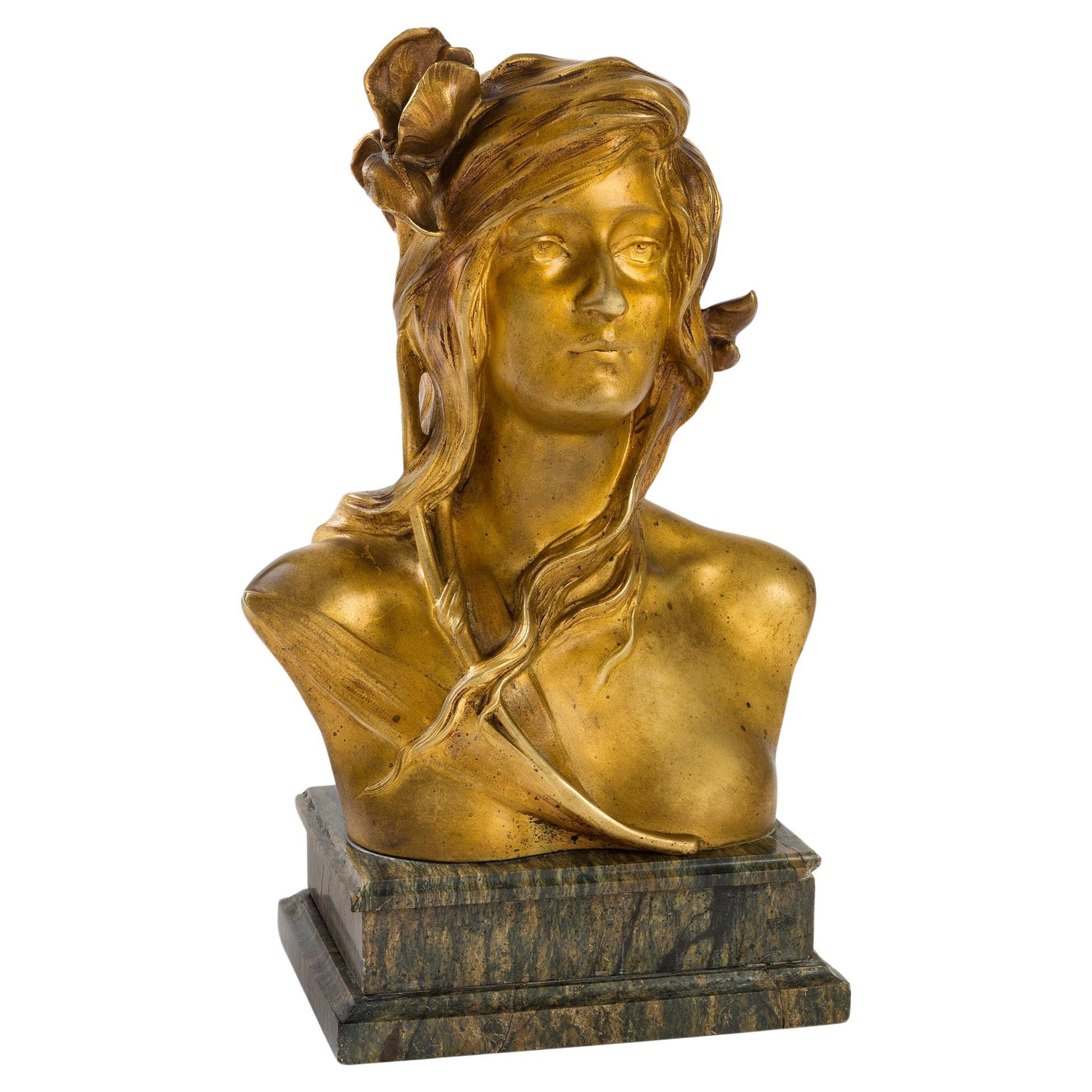 Maurice Bouval "Woman with Iris" Gilt Bronze & Marble Bust For Sale