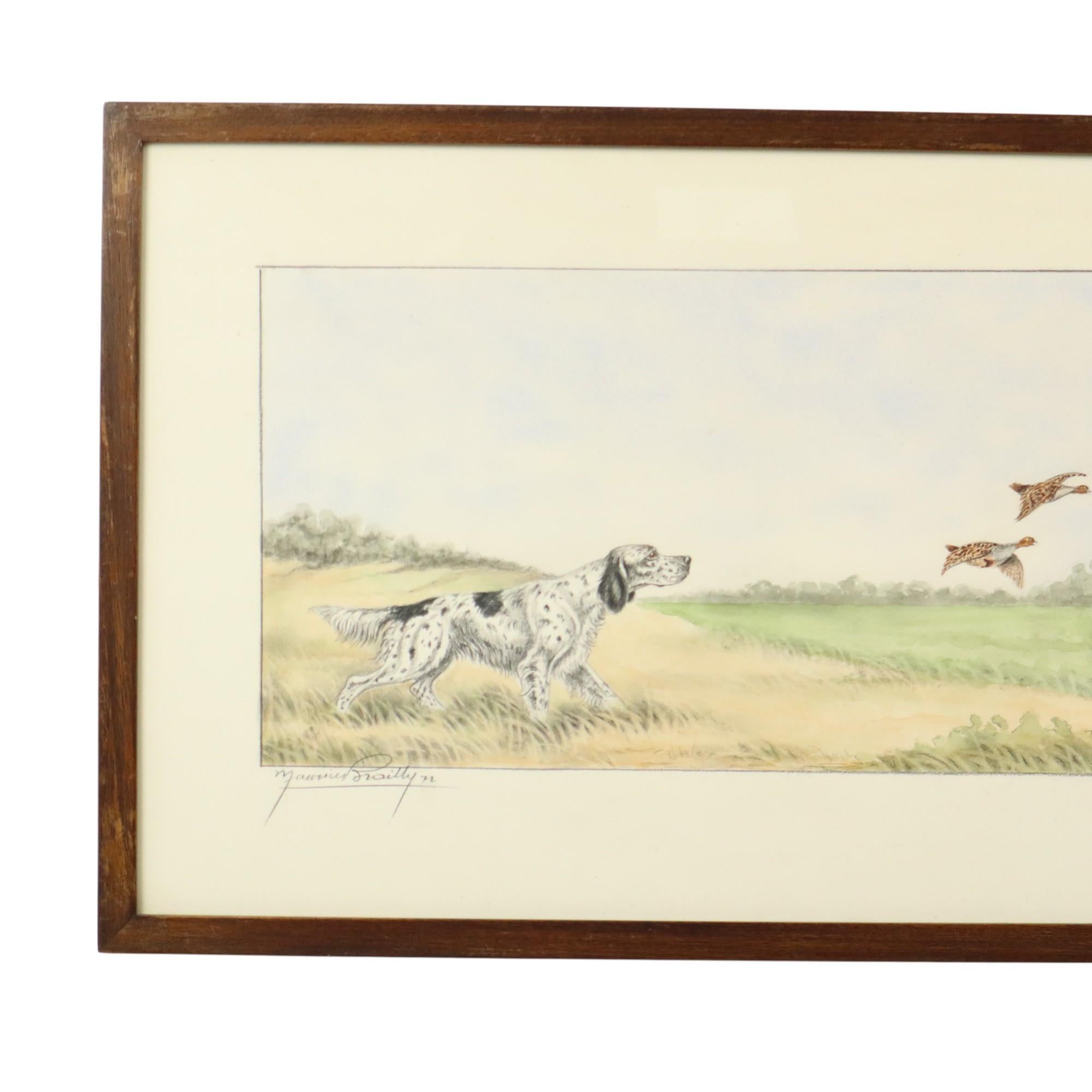 Grafica d'epoca di un cane da caccia in una cornice di Oak scuro, immagine grafica di uno Spaniel francese, un tipo di cane da caccia setter che punta agli uccelli, firmata e datata in basso a sinistra, Maurice Brailly 1972, Francia.

La grafica è