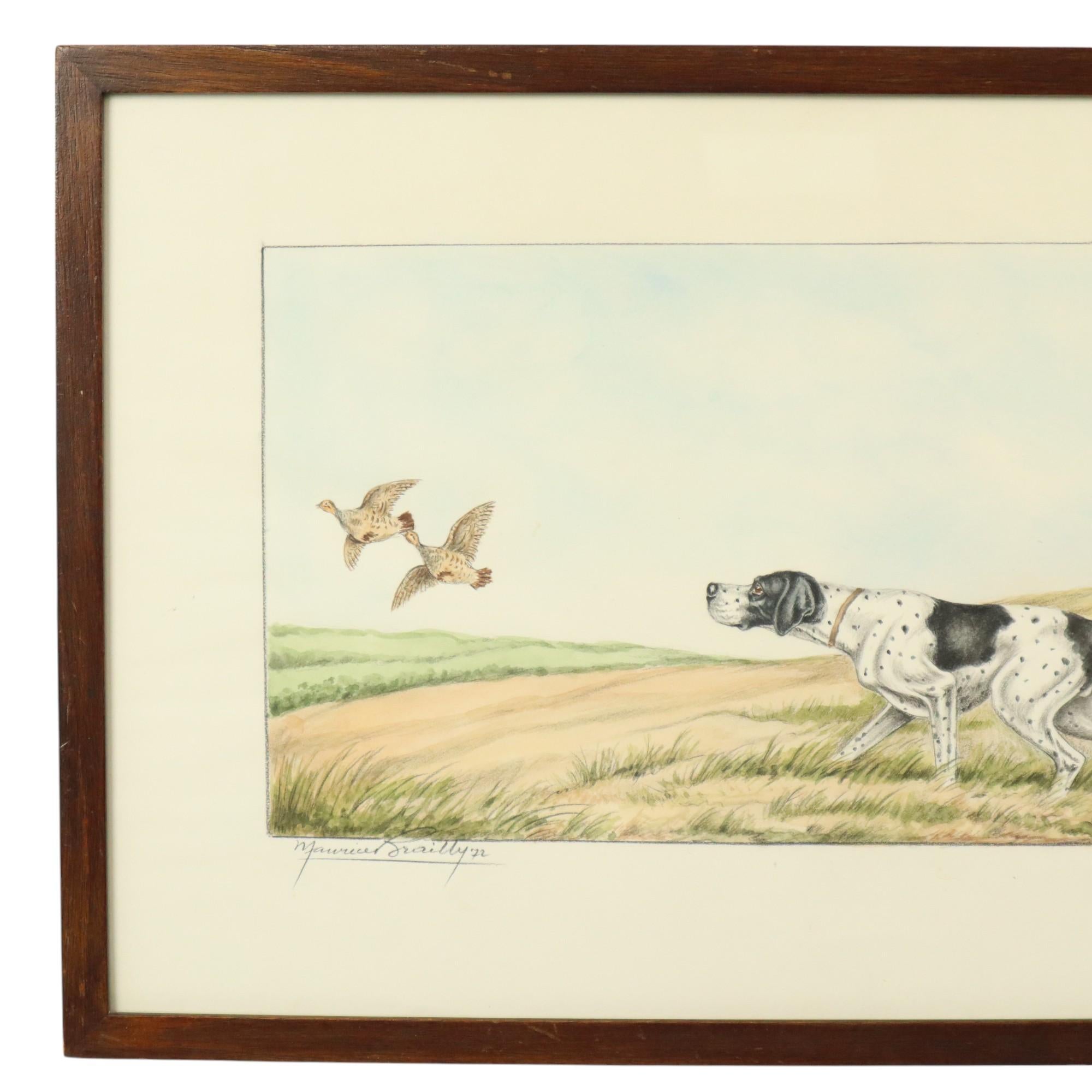 Vintage graphic of a hunting dog in a dark oak frame, graphic art image of an English hunting dog pointing at birds, signed and dated lower left in print, Maurice Brailly 1972, France.

The graphic is in good vintage condition according to age, the
