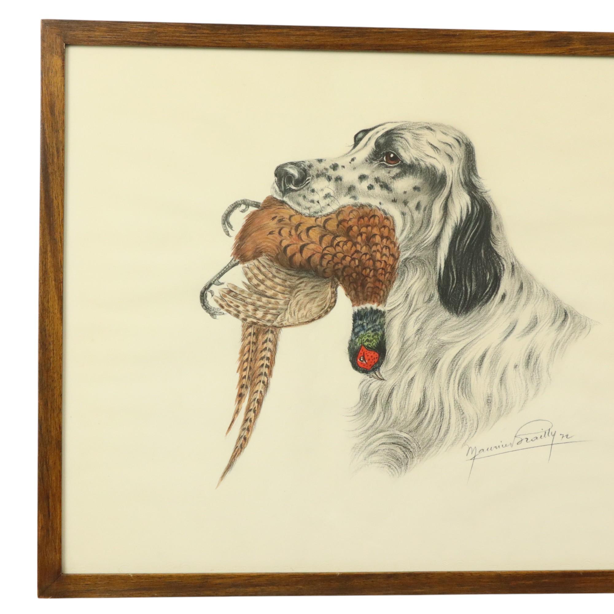 Vintage-Grafik eines Jagdhundes in einem dunklen Eichenrahmen, gedruckt auf Canson France Papier, Grafik eines English Setters mit einem Fasan, signiert und datiert im Druck unten rechts, Maurice Brailly 1972.

Die Grafik ist in gutem