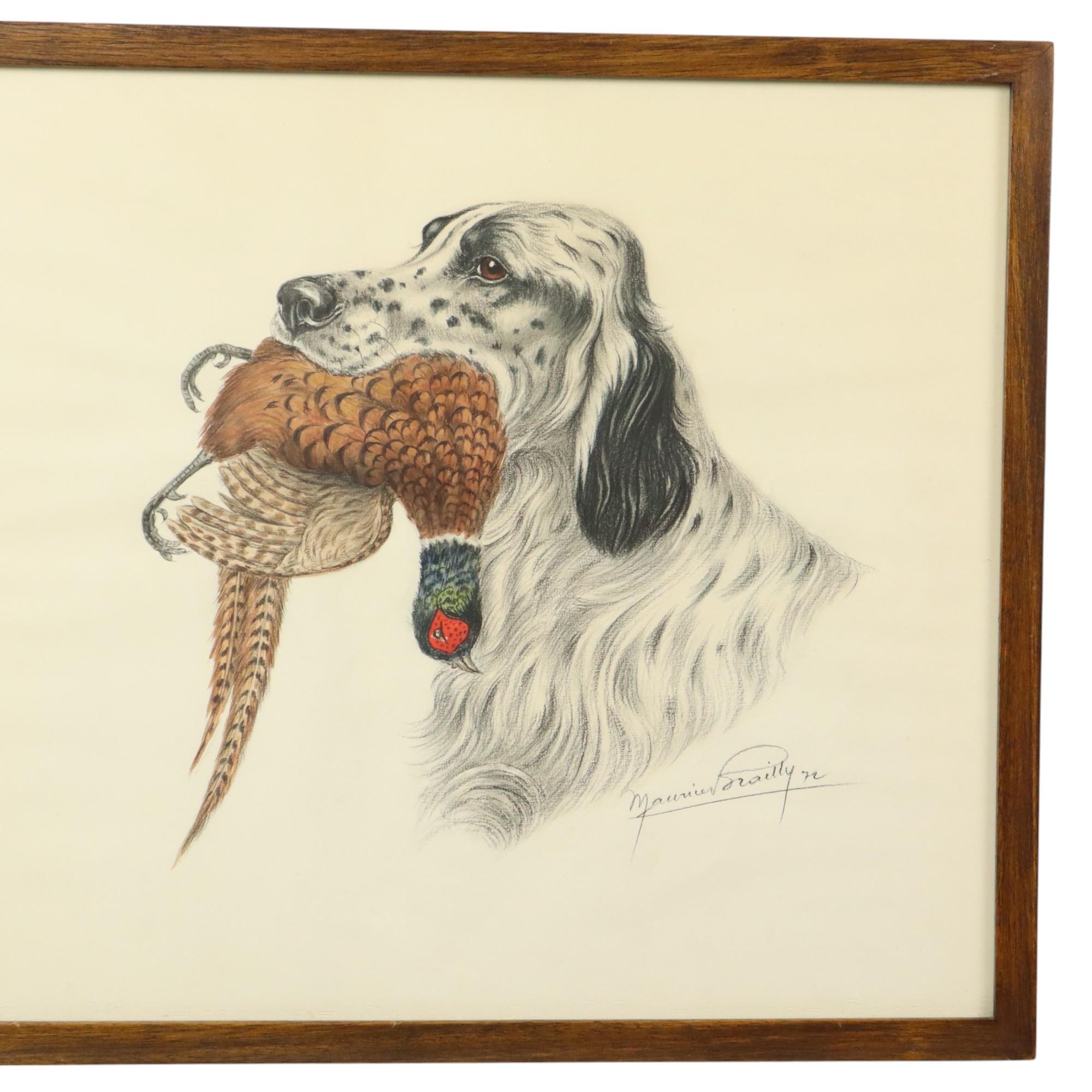 Maurice Brailly Jagdhund Fasan Vintage Grafik in Farbe 1972 (Französisch) im Angebot