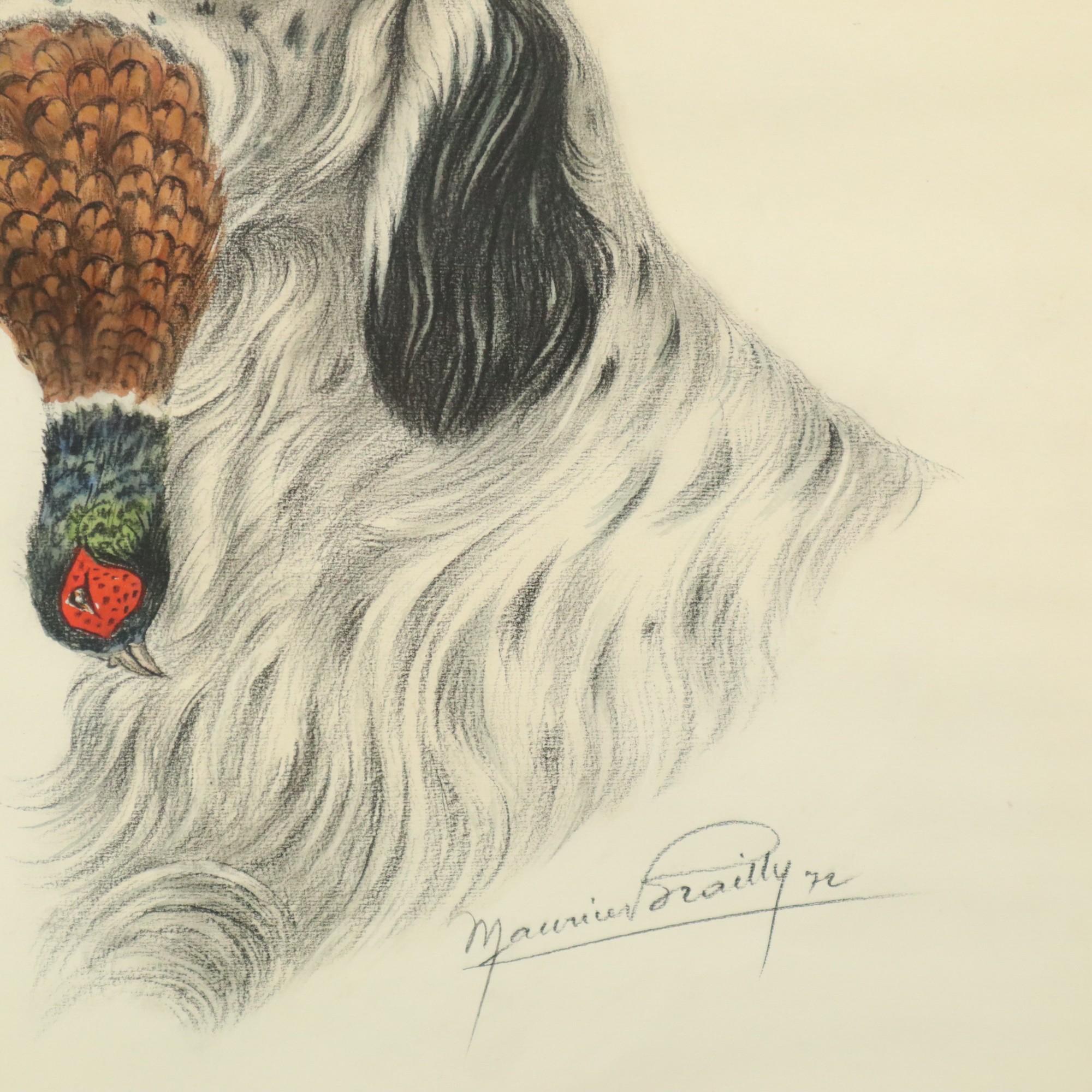 Maurice Brailly Jagdhund Fasan Vintage Grafik in Farbe 1972 (Glas) im Angebot
