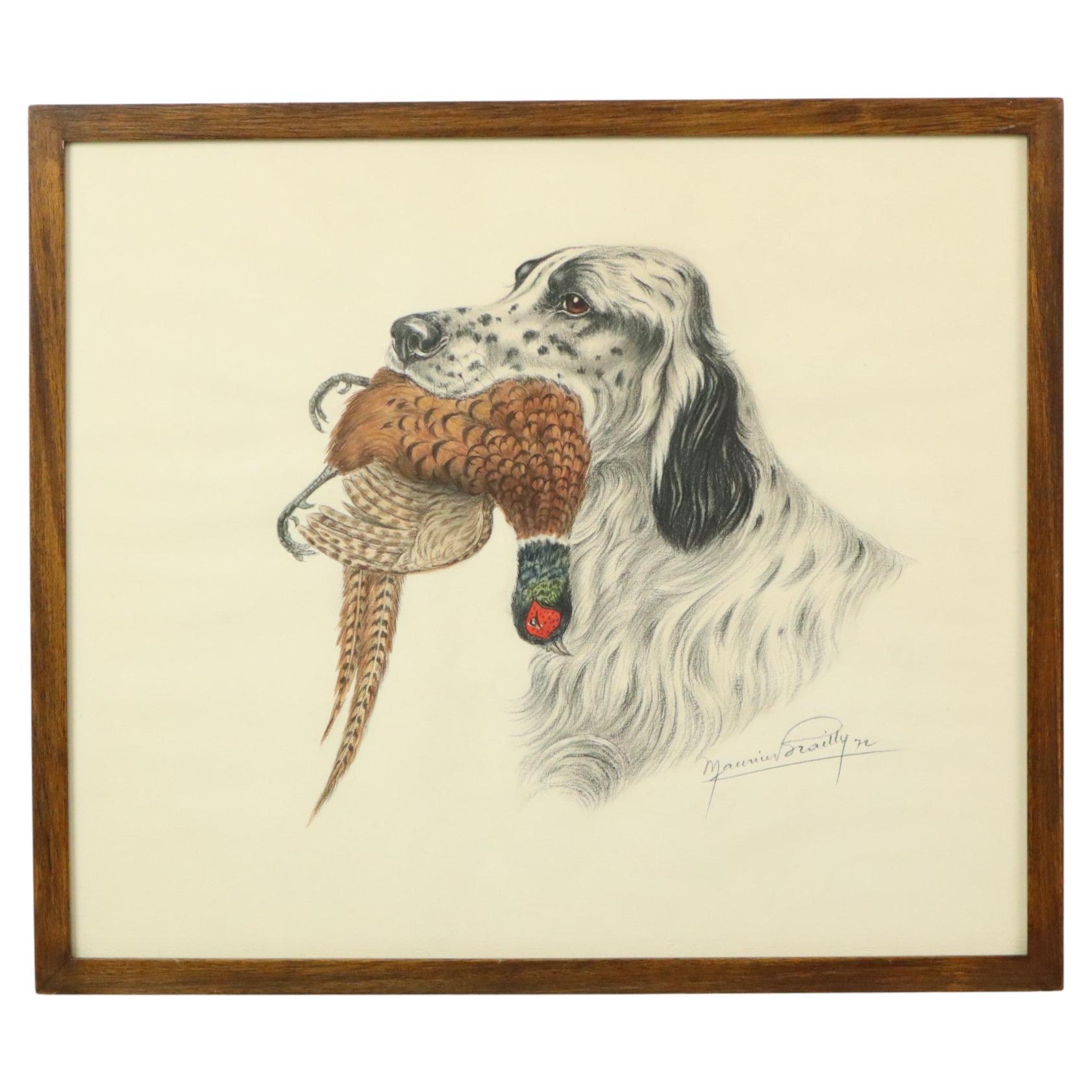 Maurice Brailly Jagdhund Fasan Vintage Grafik in Farbe 1972