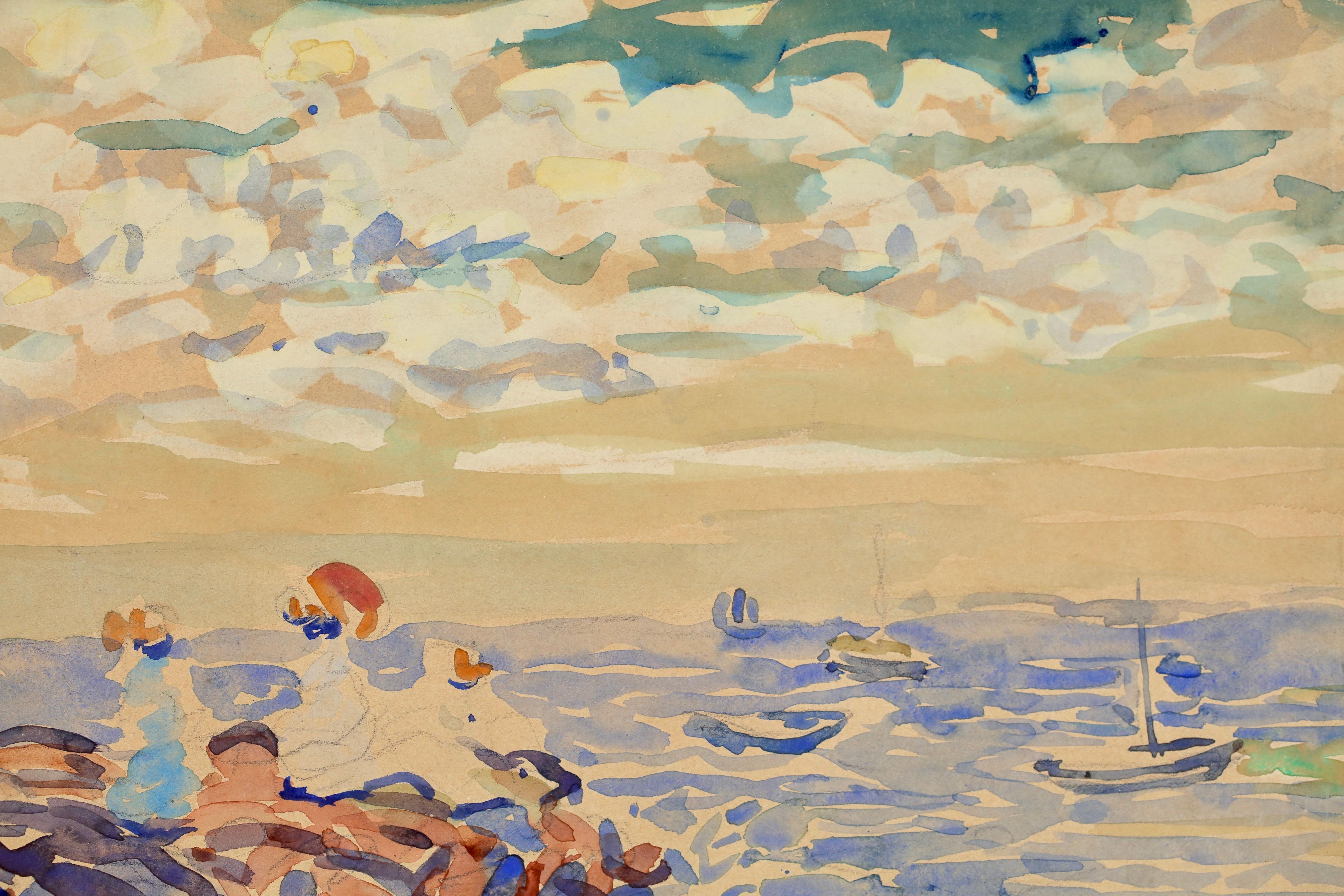 Saint Malo - Aquarell einer postimpressionistischen Meereslandschaft von Maurice Prendergast (Beige), Figurative Painting, von Maurice Brazil Prendergast