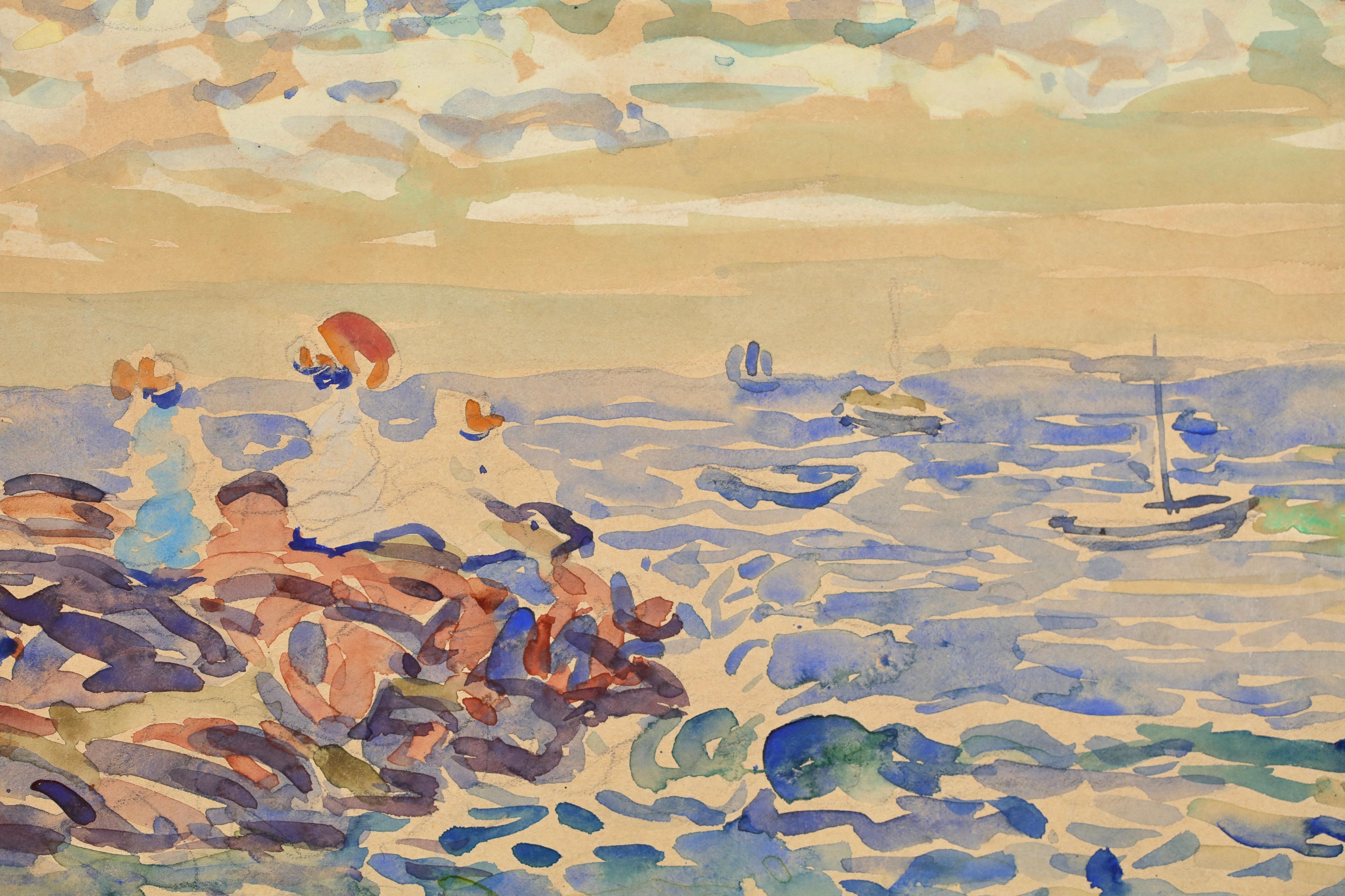 Signiertes Aquarell auf Papier Landschaft von amerikanischen postimpressionistischen Maler Maurice Brazil Prendergast. Das Werk zeigt Kinder, die am Strand von Saint Malo, Frankreich, spielen, während Boote auf dem blauen Meer segeln und weiße