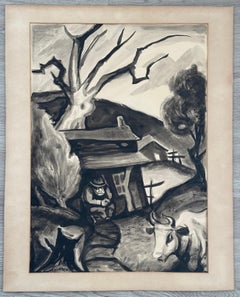 Man Seated on Front Porch (WPA Social Realist Era Landscape)