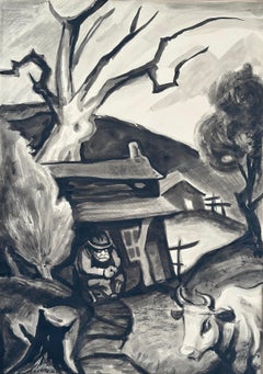 Man Seated on Front Porch (WPA Social Realist Era Landscape)