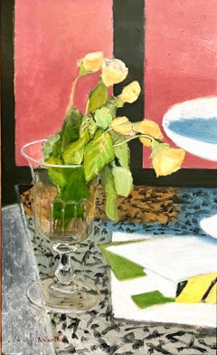 French Modernist Oil Painting Maurice Brianchon Roses Jaune Vase Floral Bouquet