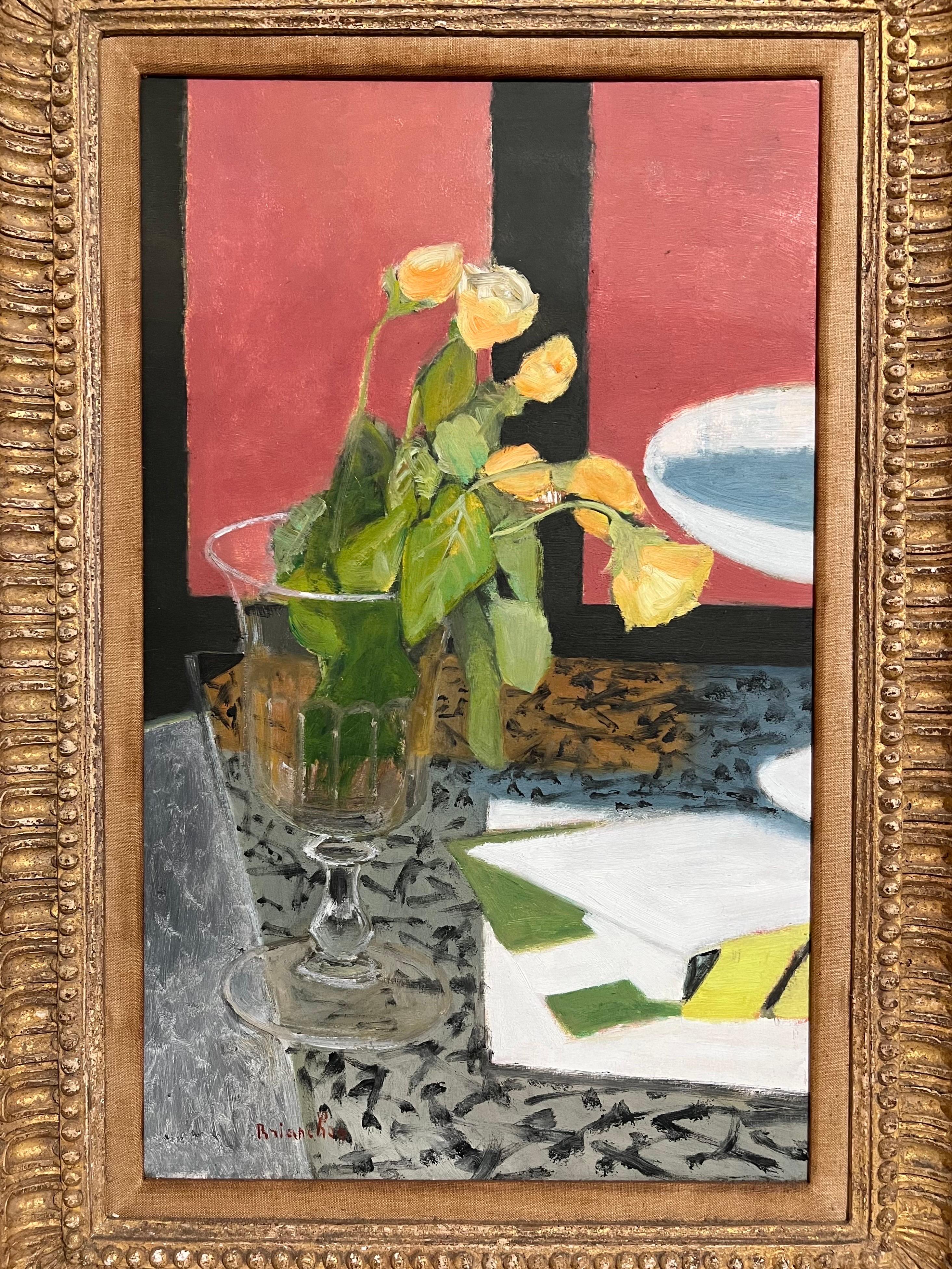 French Modernist Oil Painting Maurice Brianchon Roses Jaune Vase Floral Bouquet 7