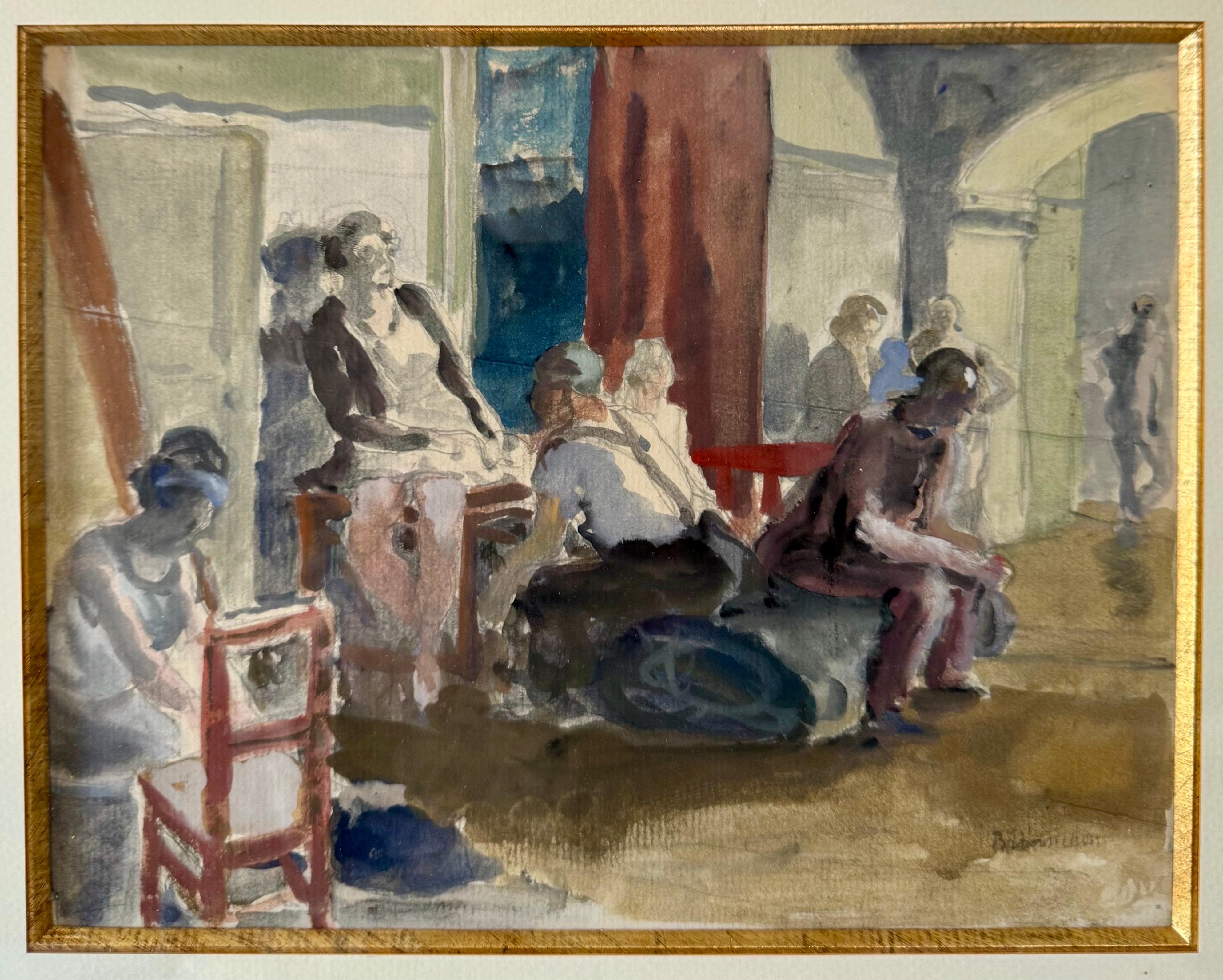 Französisch Modernist Aquarell Malerei Maurice Brianchon Paris Theater Hinterbühne im Angebot 1