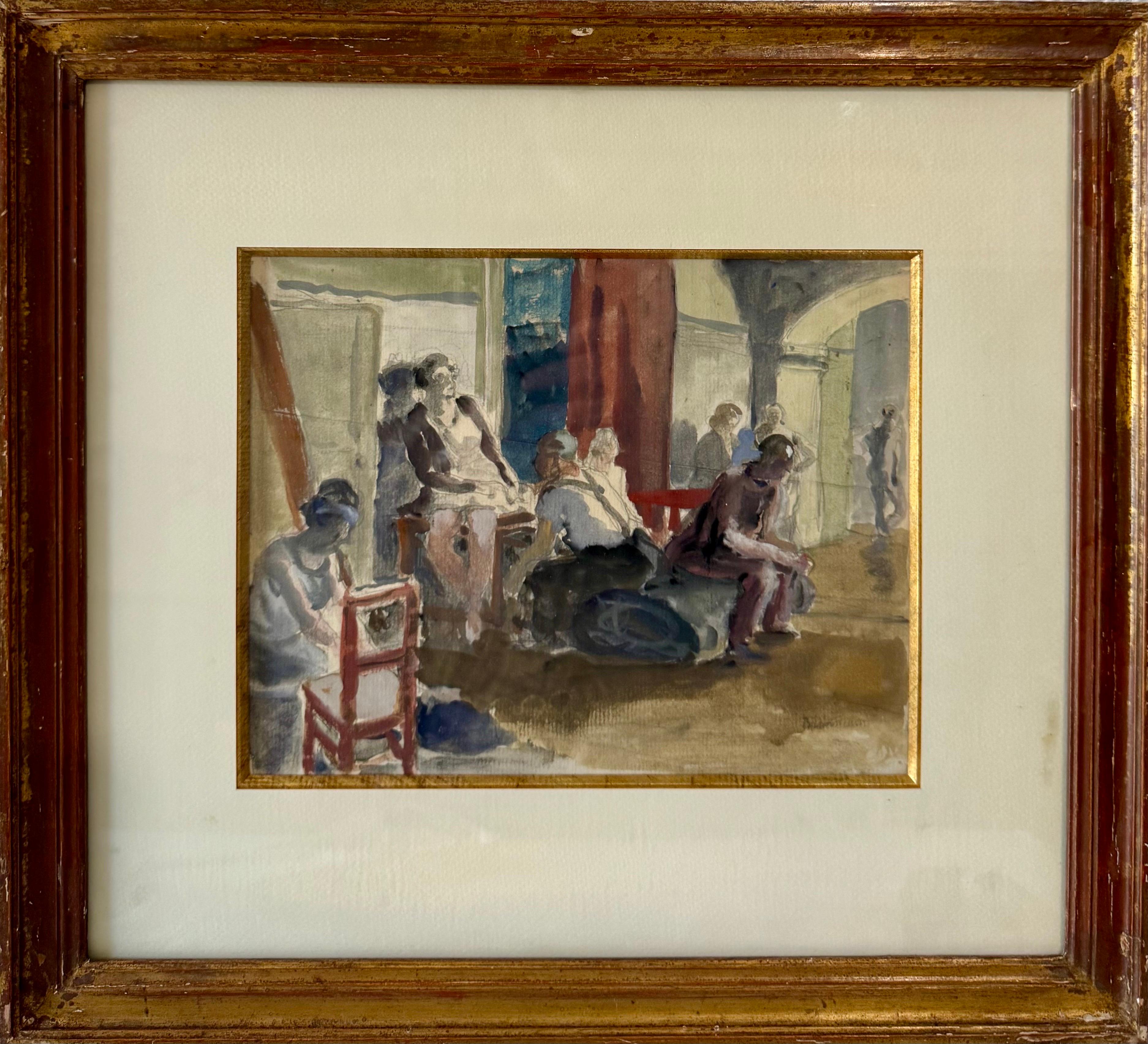 French Modernist Watercolor Painting Maurice Brianchon Paris Theater Backstage