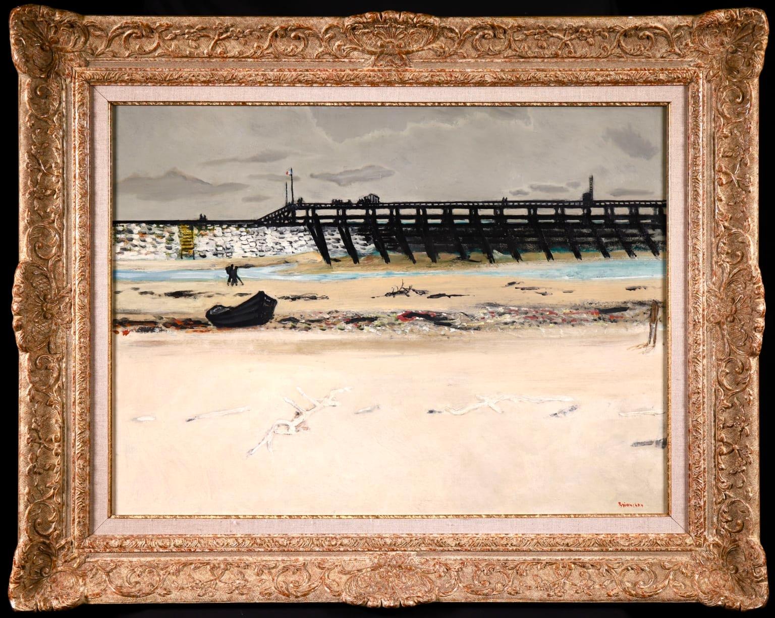 Huile sur toile signée d'un paysage côtier du peintre moderne français Maurice Brianchon, connu comme l'un des peintres de la réalité poétique. Cette pièce simple et charmante représente une vue de la plage de Soorts-Hossegor par une journée grise.