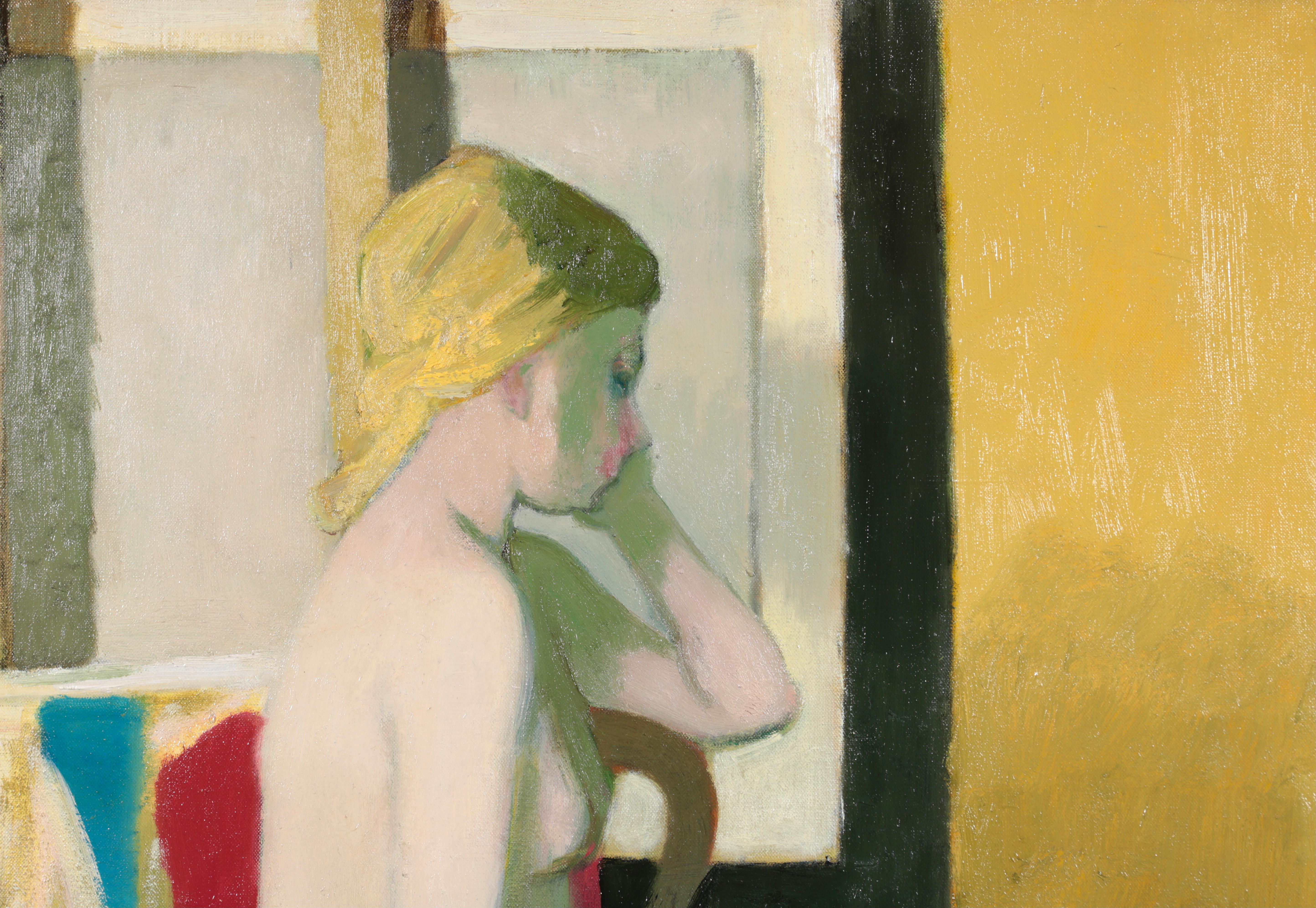 Wonderful oil on canvas circa 1960 by French modernist painter Maurice Brianchon. The work depicts a blonde-haired nude seated on a wooden chair turned away from the artist with her chin resting in her hand. 

Signature:
Signed lower