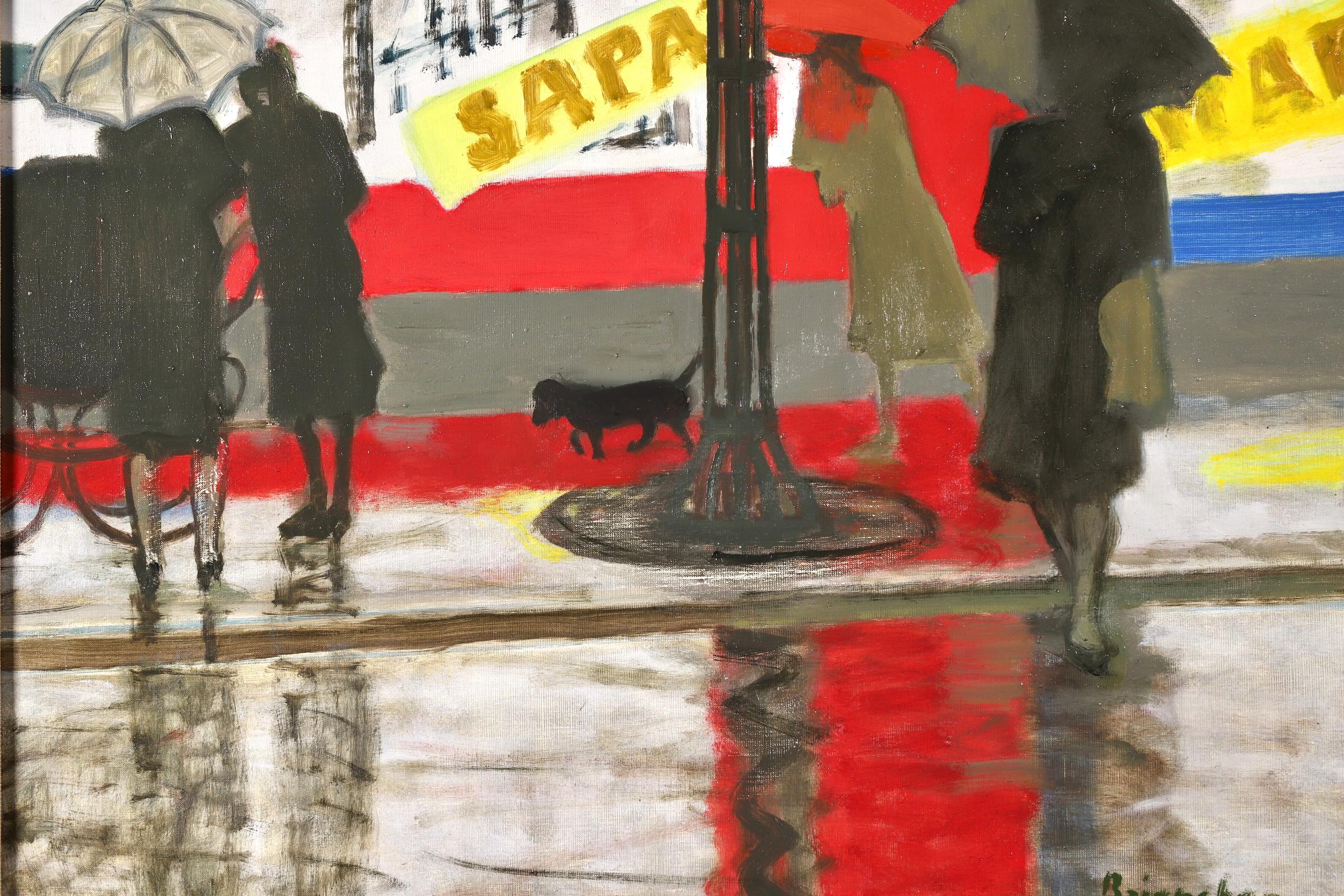 Pluie à Paris - Figures modernistes dans un paysage urbain - peinture à l'huile de Maurice Brianchon 7