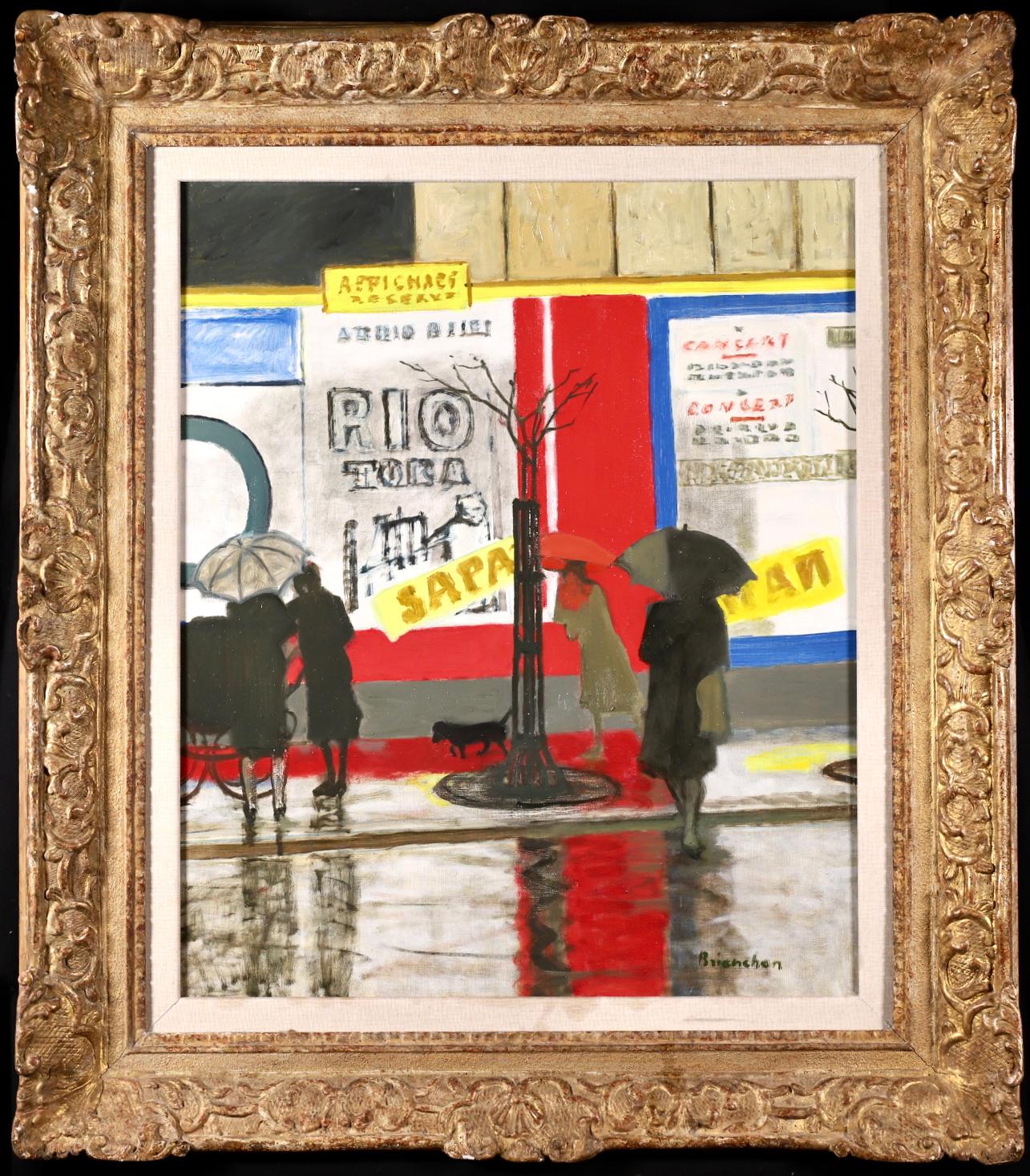 Huile sur toile signée, figures dans un paysage, circa 1950, du peintre moderniste français Maurice Brianchon, connu comme l'un des peintres de la réalité poétique. L'œuvre représente des femmes dans une rue parisienne s'abritant de la pluie sous