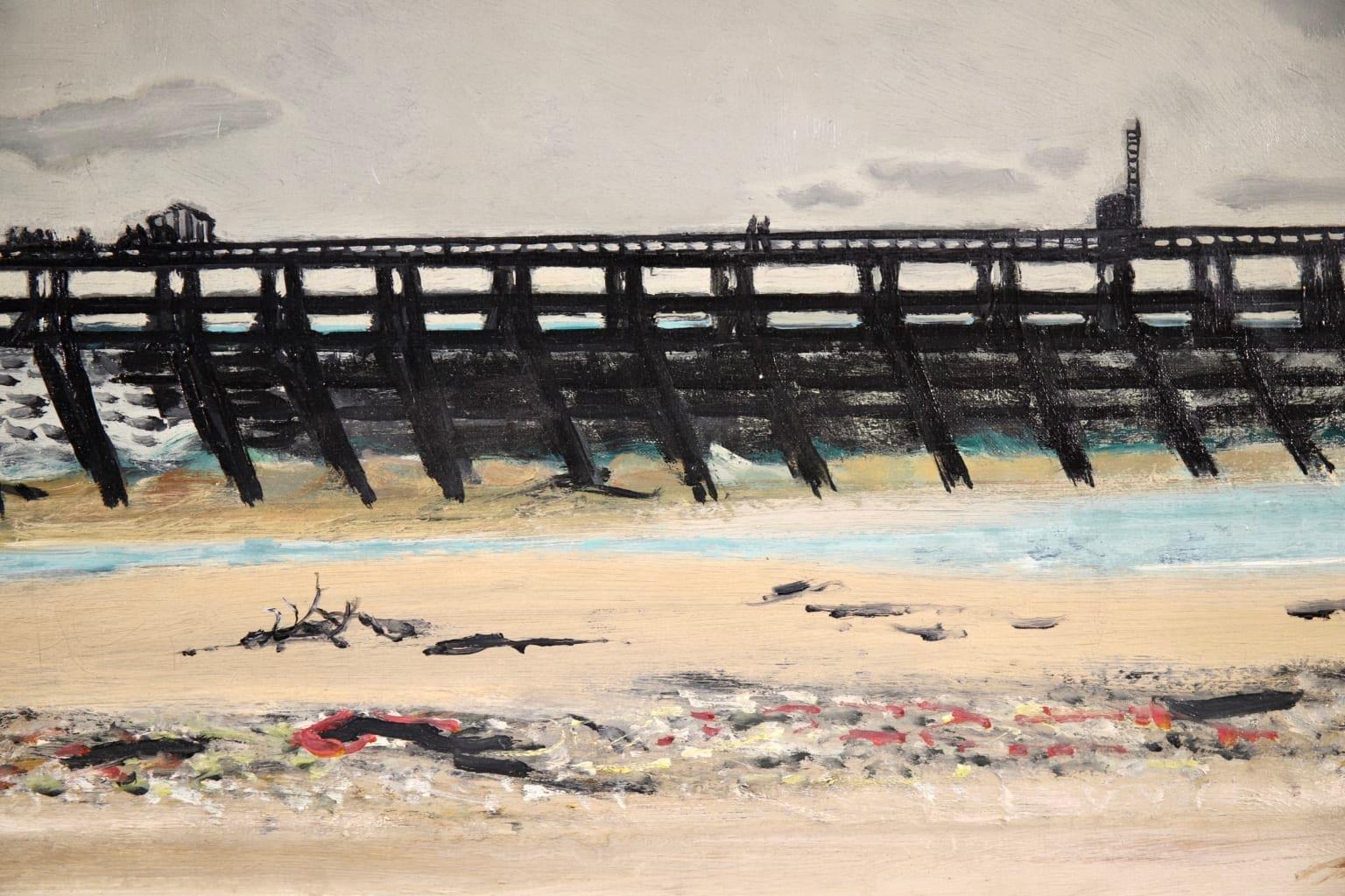 A simple and charming oil on canvas by French modern painter Maurice Brianchon who was known as one of the Painters of Poetic Reality. The piece depicts a view of the beach at Soorts-Hossegor on a grey day. The figures of two soldiers walk across