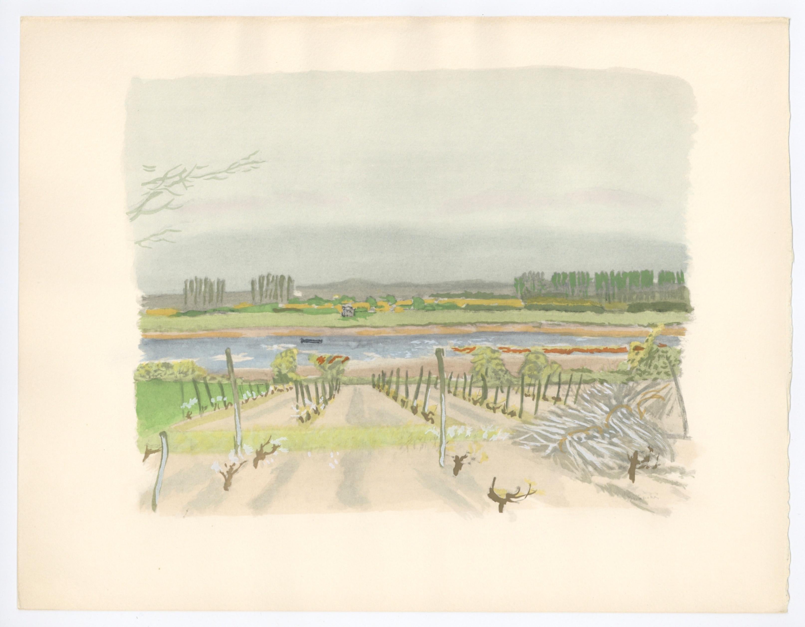 Medium: Pochoir (nach dem Aquarell). Gedruckt auf Arches-Papier im Jahr 1956 im Atelier Daniel Jacomet für die Mappe Vins, fleurs et flammes, in einer limitierten Auflage von 380 Stück. Größe: 10 x 12 3/4 Zoll (250 x 324 mm). Nicht unterzeichnet. 